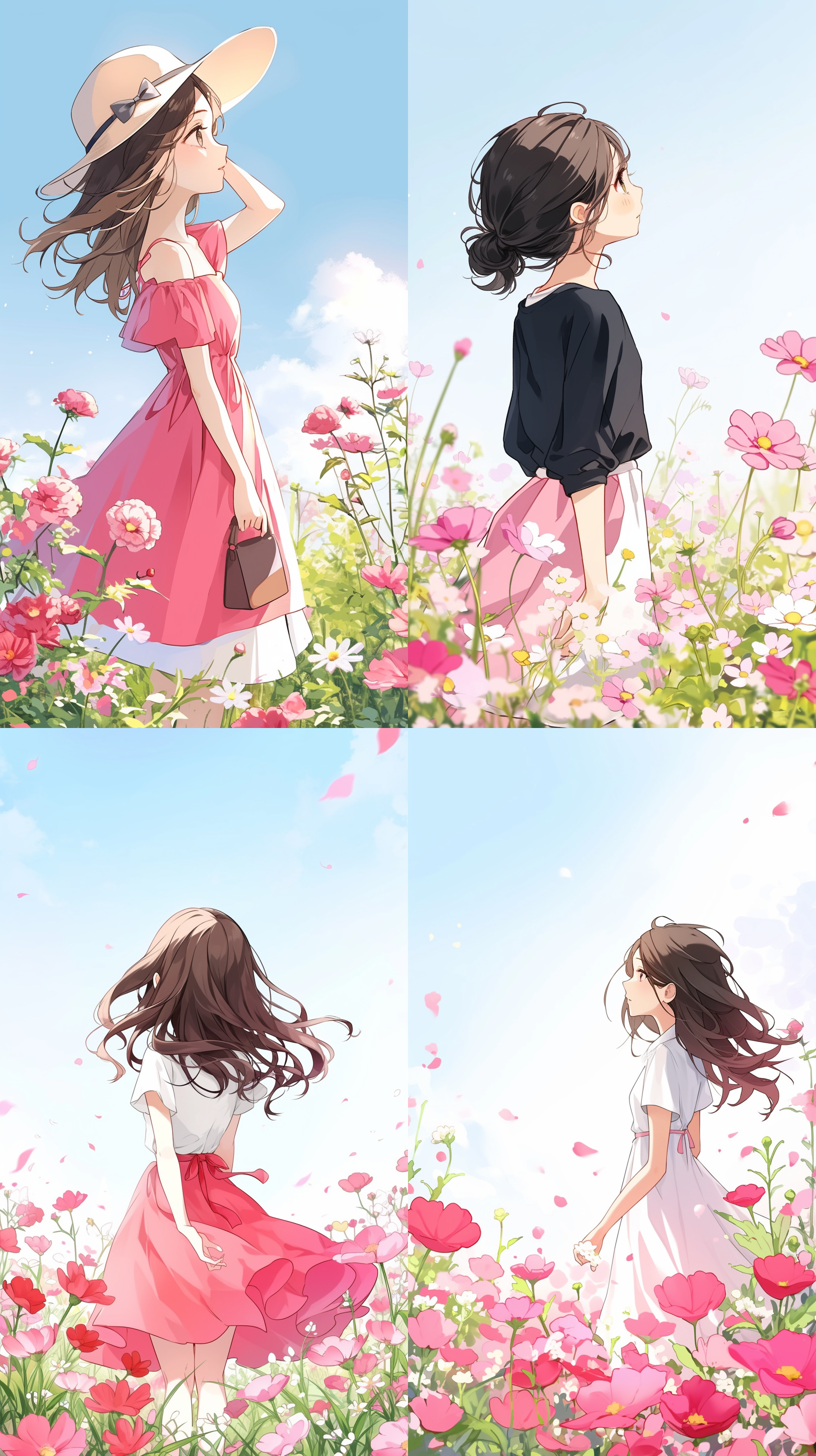 简约背景，户外花海，远景构图，自然光，女孩站立，细节丰富，长焦镜头，柔和色调，静谧，沉思。