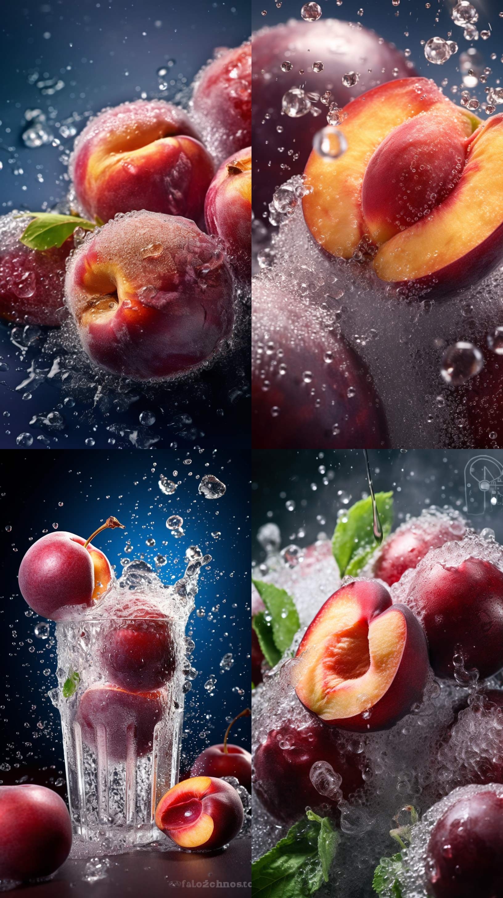 冰镇蜂糖李子产品效果图，动感冰霜，炫酷氛围，清爽暖色调，高对比度，正面布局，微距镜头，透明玻璃杯装满绿色李子，冰块飞溅，水珠滴落，清新活力，大光圈，炫彩光斑背景，景深烟雾缭绕。