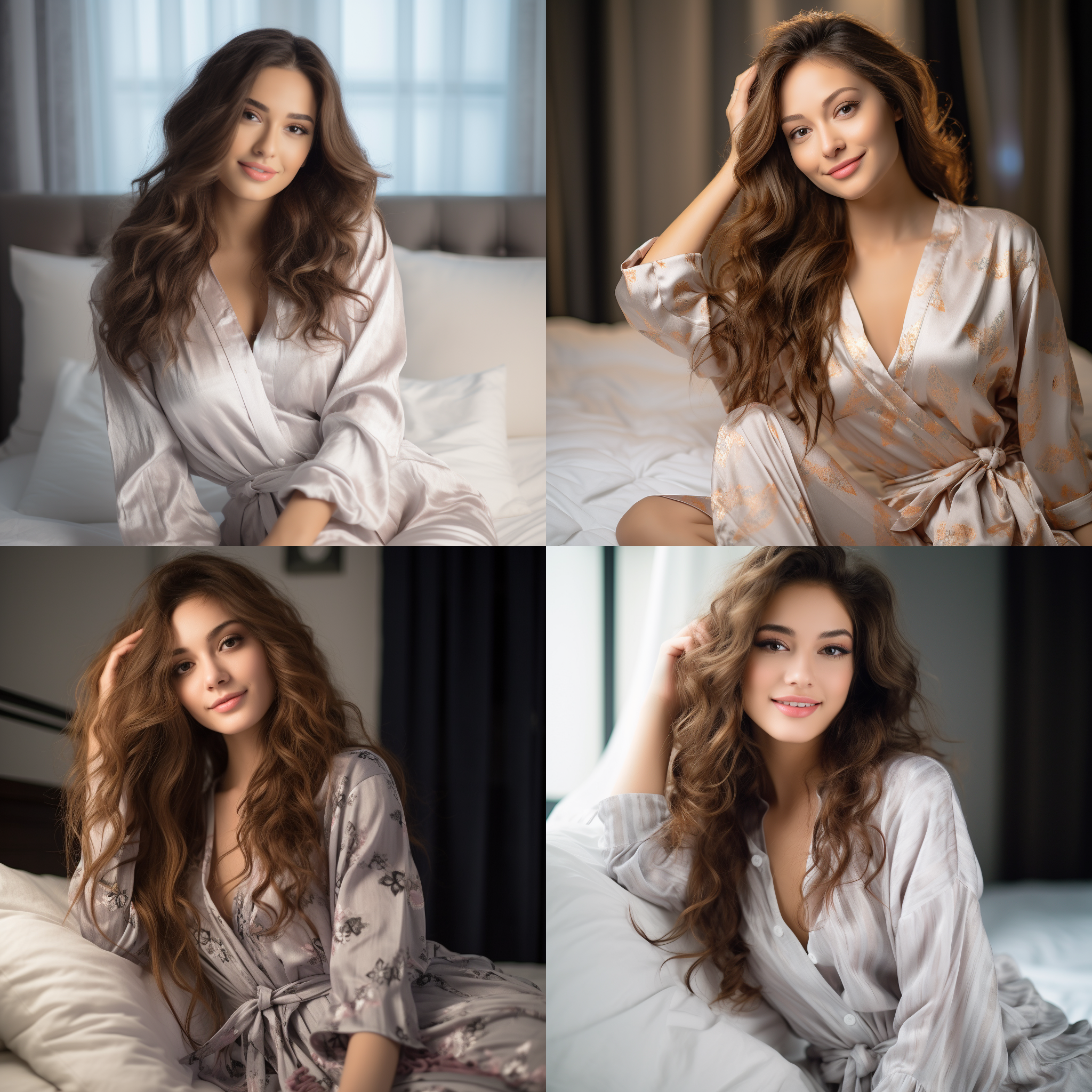 睡衣吊带模特，室内柔和光线，自然妆容，长发披肩，微笑表情，舒适姿态，浅色背景，细节清晰，长焦镜头，低饱和度，温馨氛围。