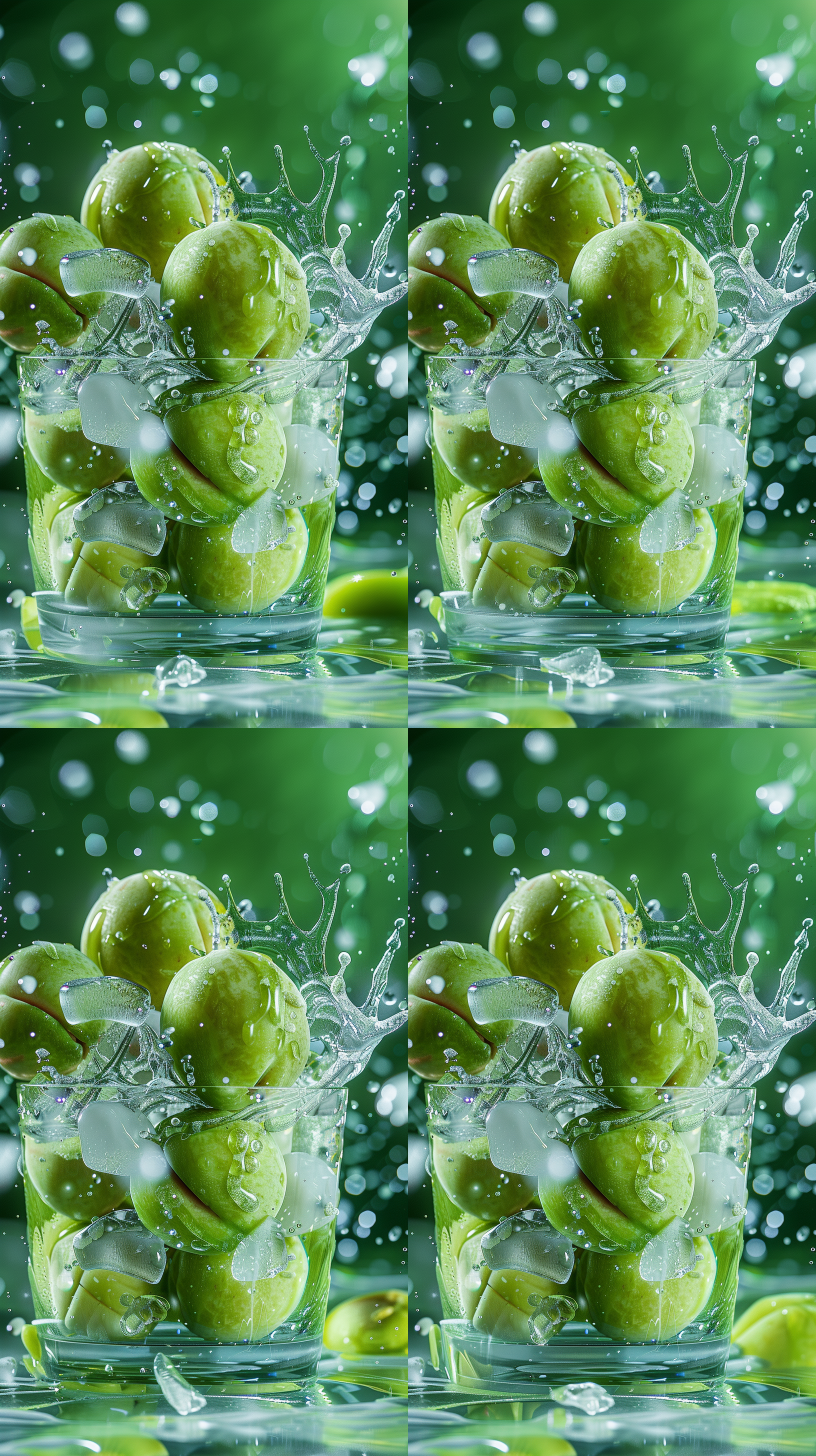 冰镇蜂糖李子产品效果图，动感冰霜，炫酷氛围，清爽冷暖色调，高对比度，正面布局，微距镜头，透明玻璃杯装满绿色李子，冰块飞溅，水珠滴落，清新活力。