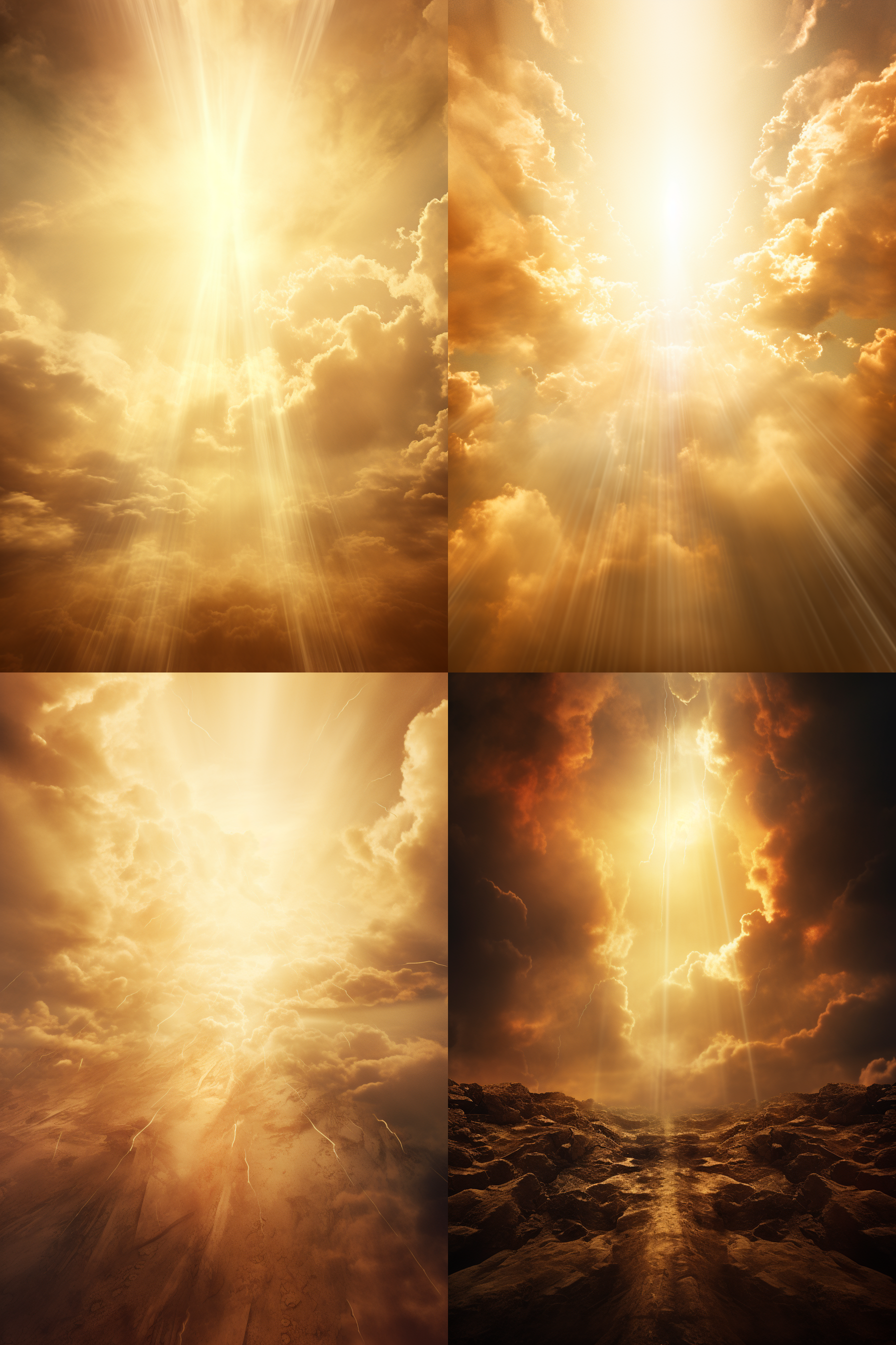 乌云密布的天空，一缕阳光穿透，照亮地面，阳光中展开金色山河图卷轴，由地面向上拍摄，丁达尔光线效果，国潮风格，高动态范围，广角镜头，逆光，神秘，宏伟。