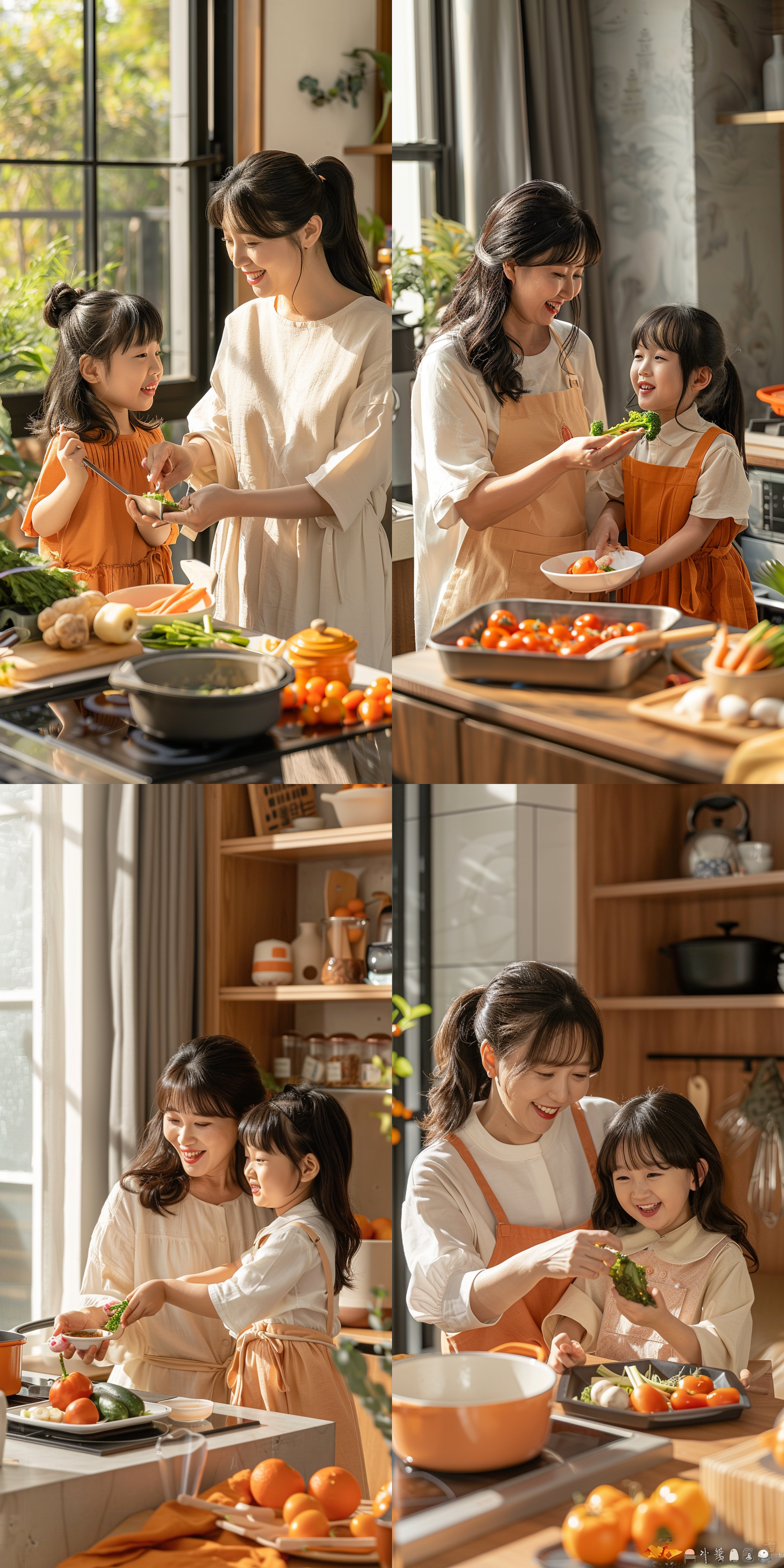 母女厨房做菜，母亲夹青菜喂女儿，表情温柔，中景深，中国风景，广角镜头，温馨亲情，人像摄影，暖色调，柔和光线，微笑，30岁母亲，8岁女儿，五官细致。