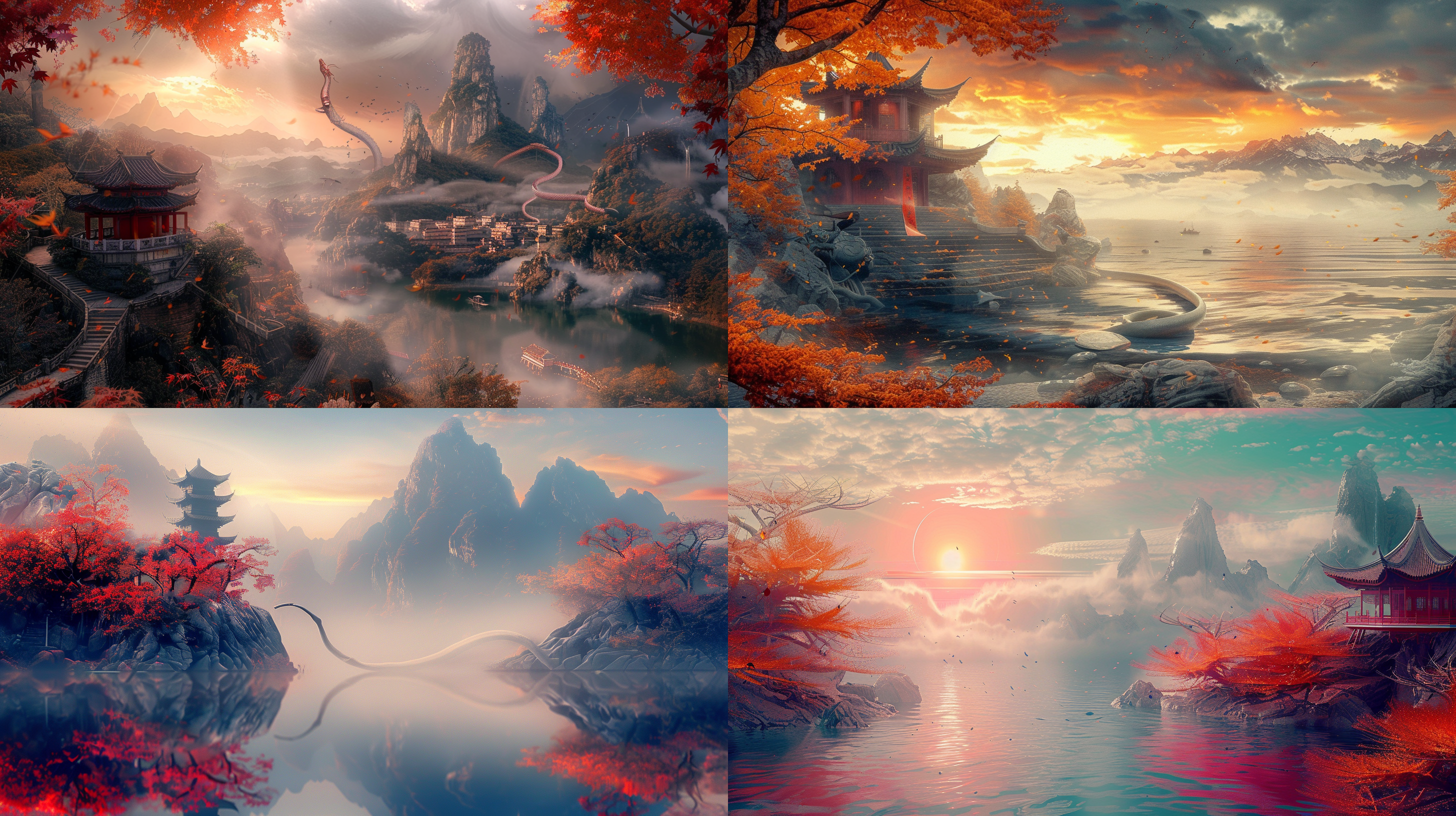 8k分辨率，超逼真细节，自然风光，广角镜头，hdr效果，晨曦微光，宁静湖面，远山如黛，色彩饱和，氛围宁静，意境深远。