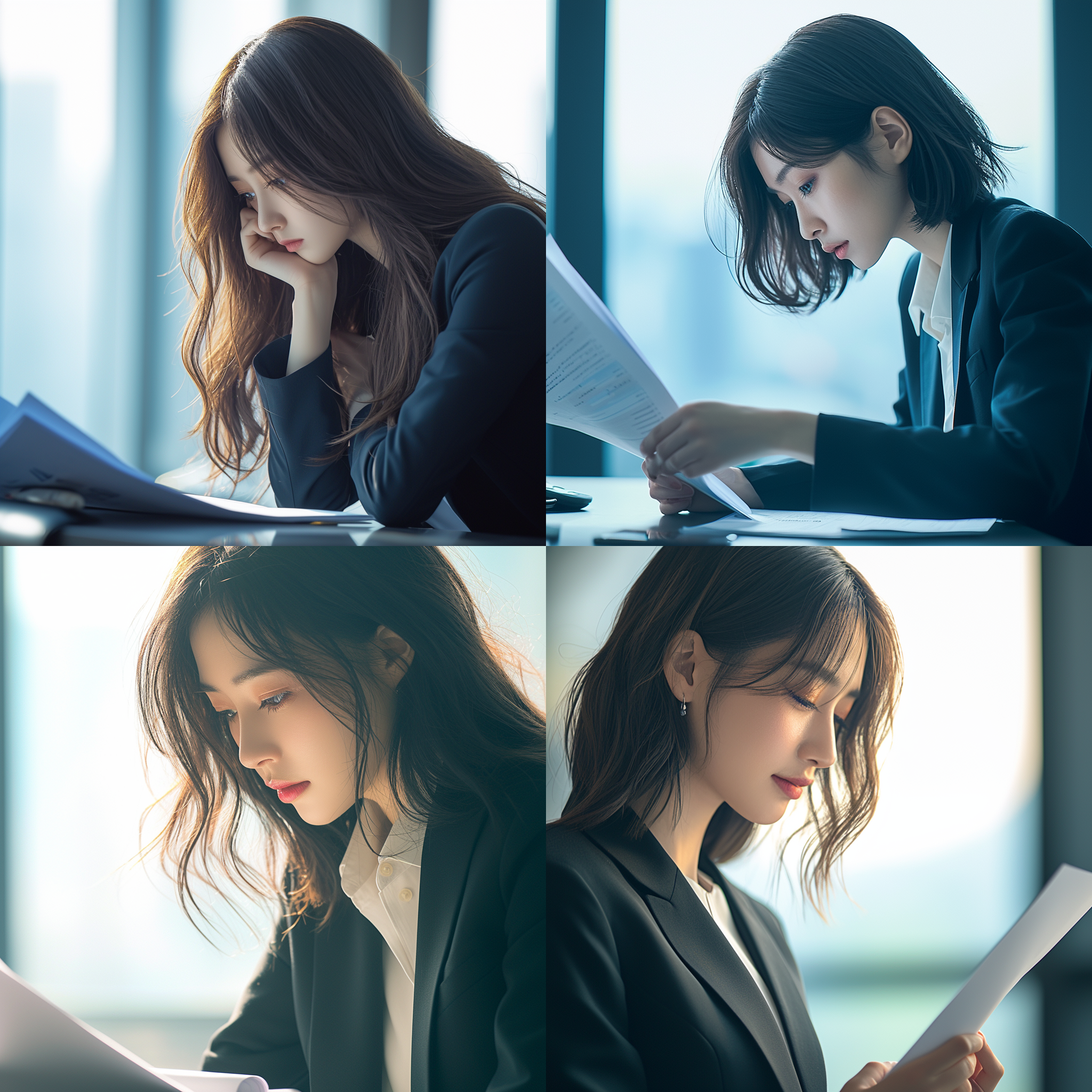 中国姑娘在办公室看文件，专注表情，现代办公室环境，柔和自然光，中景，浅景深，冷色调，文件细节清晰，人物着职业装，沉思姿态，自然光，室内，中焦镜头，静态，细节丰富，专注，冷静。