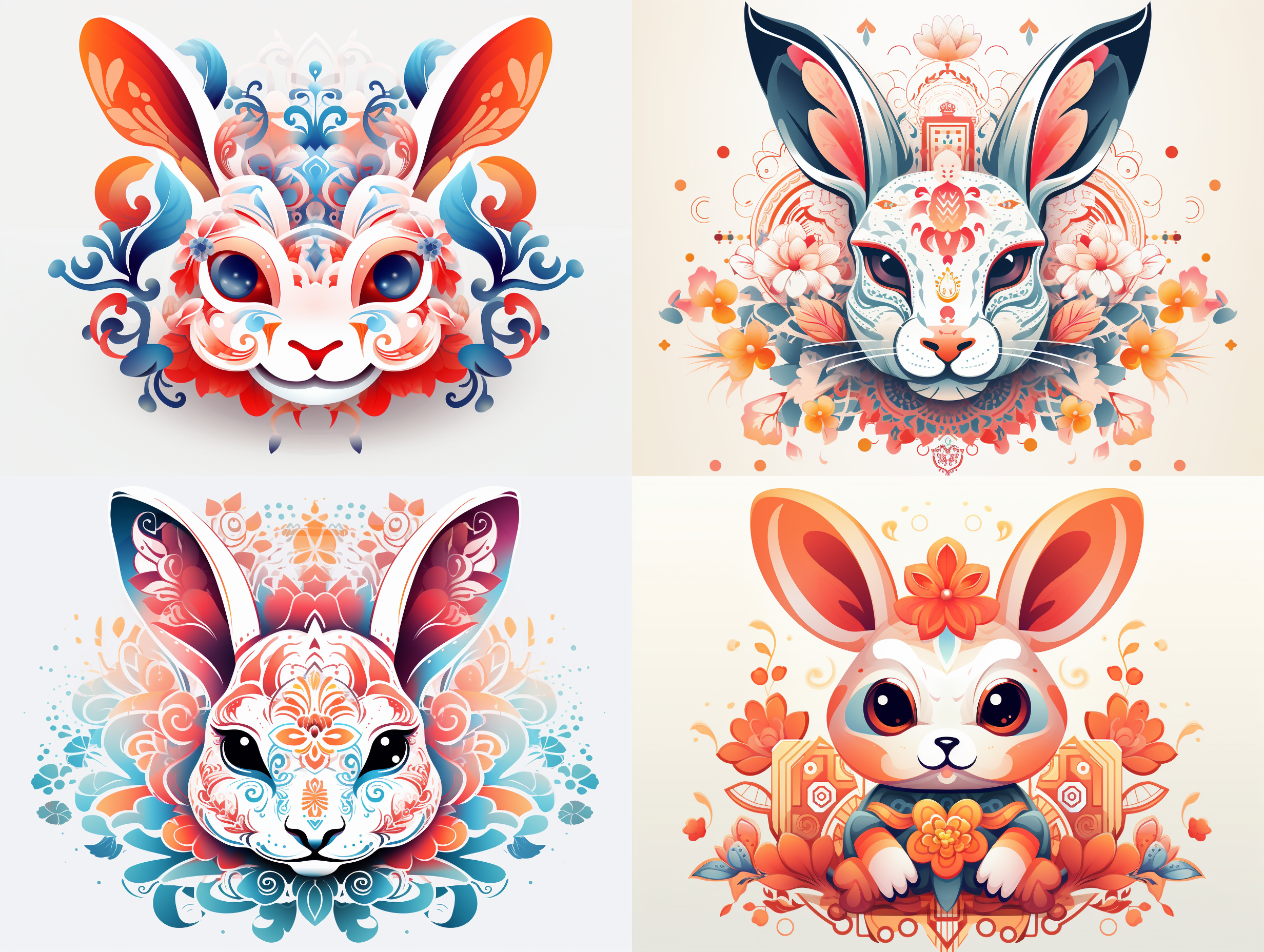 中国风插画，矢量绘画，中国风中国兔头，居中，面向观众，对称，细节丰富，设计合理，高级色彩搭配，渐变色，可爱，中国色彩，东方元素，线条清晰，毛茸茸，细节精致，高清，白色背景
