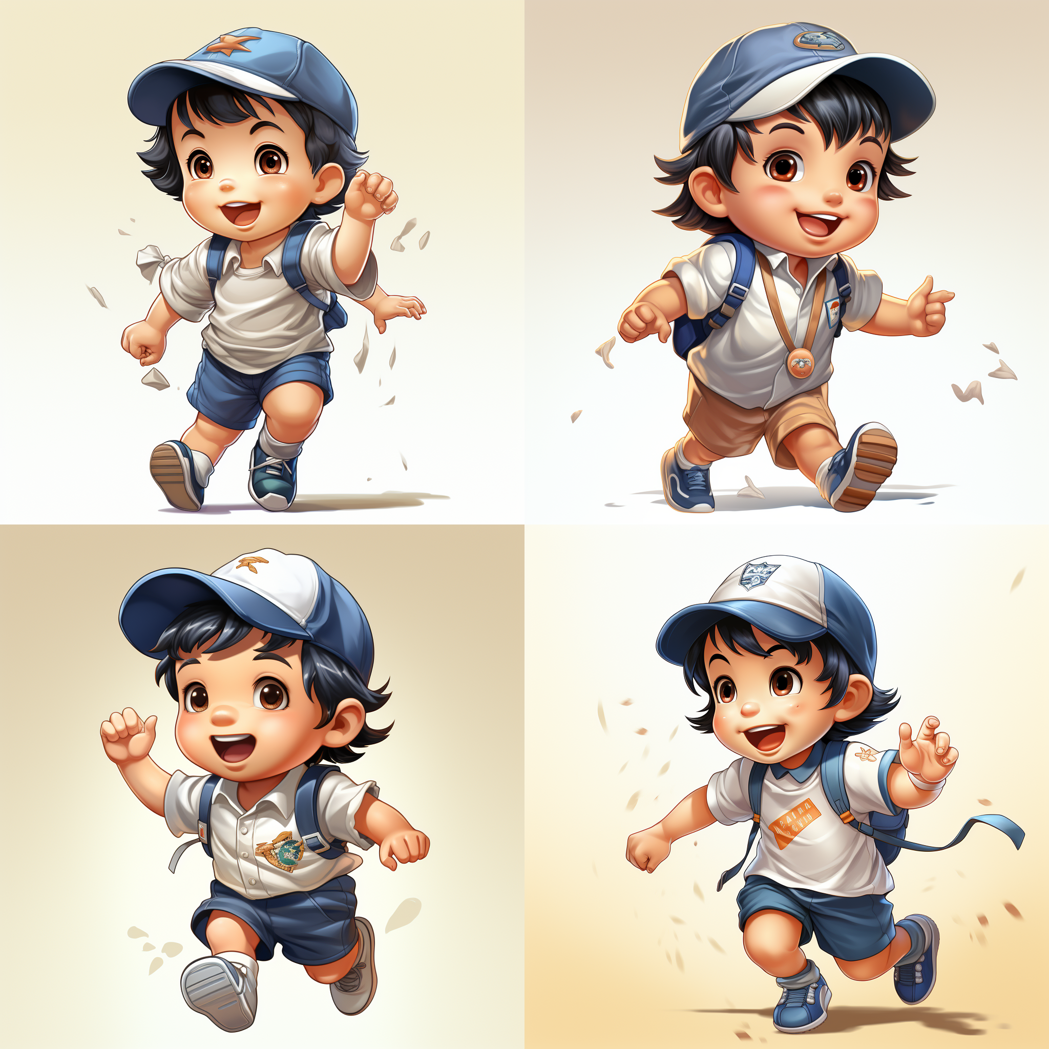 白色背景，泡泡马特风格，潮玩，超可爱短发小男孩，短发，反戴棒球帽，身穿短袖，短裤，全身，背着背包，开心的走路，跑步，仰视角度，45度角斜侧面，干净背景，模型，ip，光泽材质，最佳画质，c4d，blander，8k，16k，超清晰细节，模型摄影，明亮色彩，生动表情，细节丰富，数字艺术，创意设计，灯光效果，童真情感。