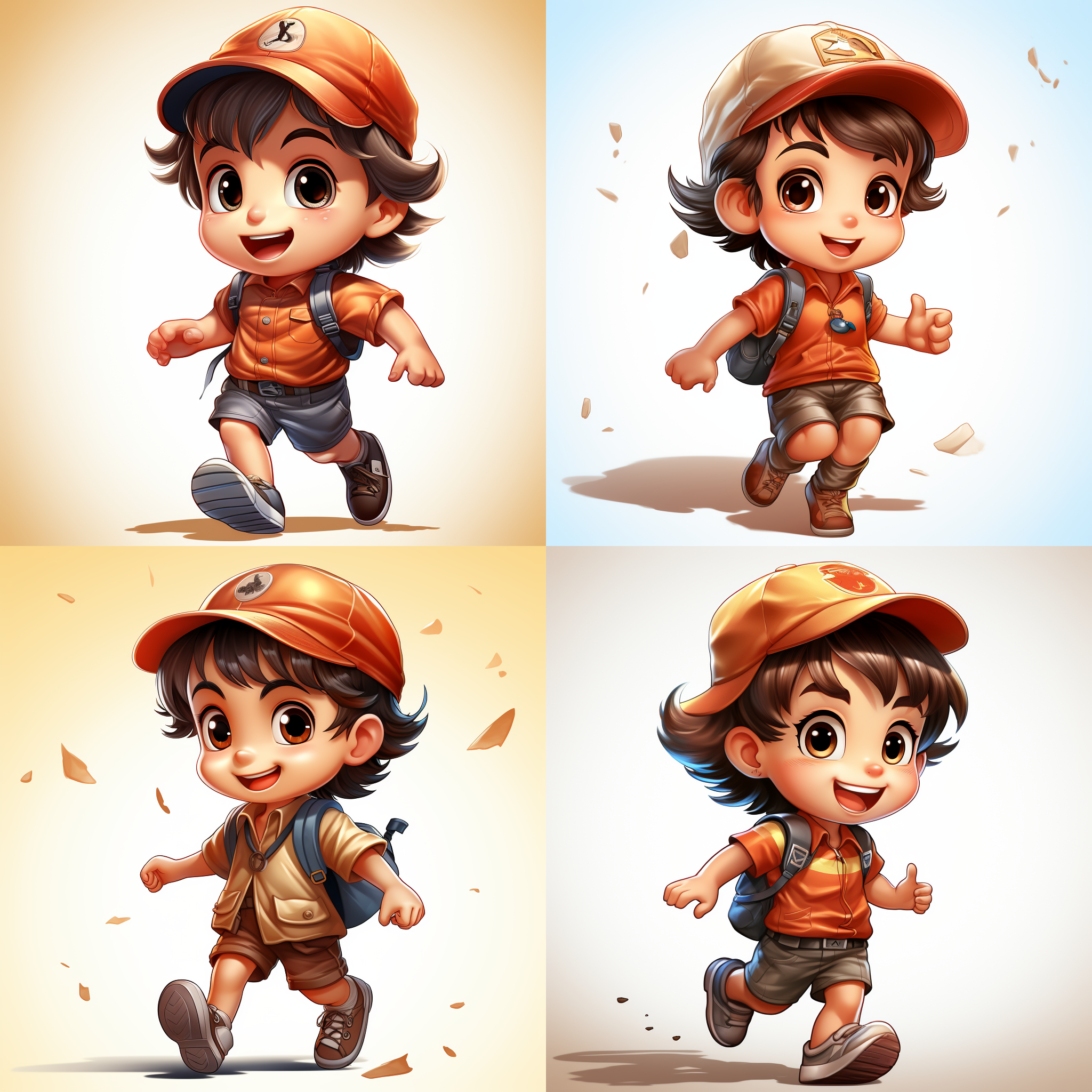 白色背景，泡泡马特风格，潮玩，超可爱短发小男孩，短发，反戴棒球帽，身穿短袖，短裤，全身，背着背包，开心的走路，跑步，仰视角度，45度角斜侧面，干净背景，模型，ip，光泽材质，最佳画质，c4d，blander，8k，16k，超清晰细节，模型摄影，明亮色彩，生动表情，细节丰富，数字艺术，创意设计，灯光效果，童真情感。