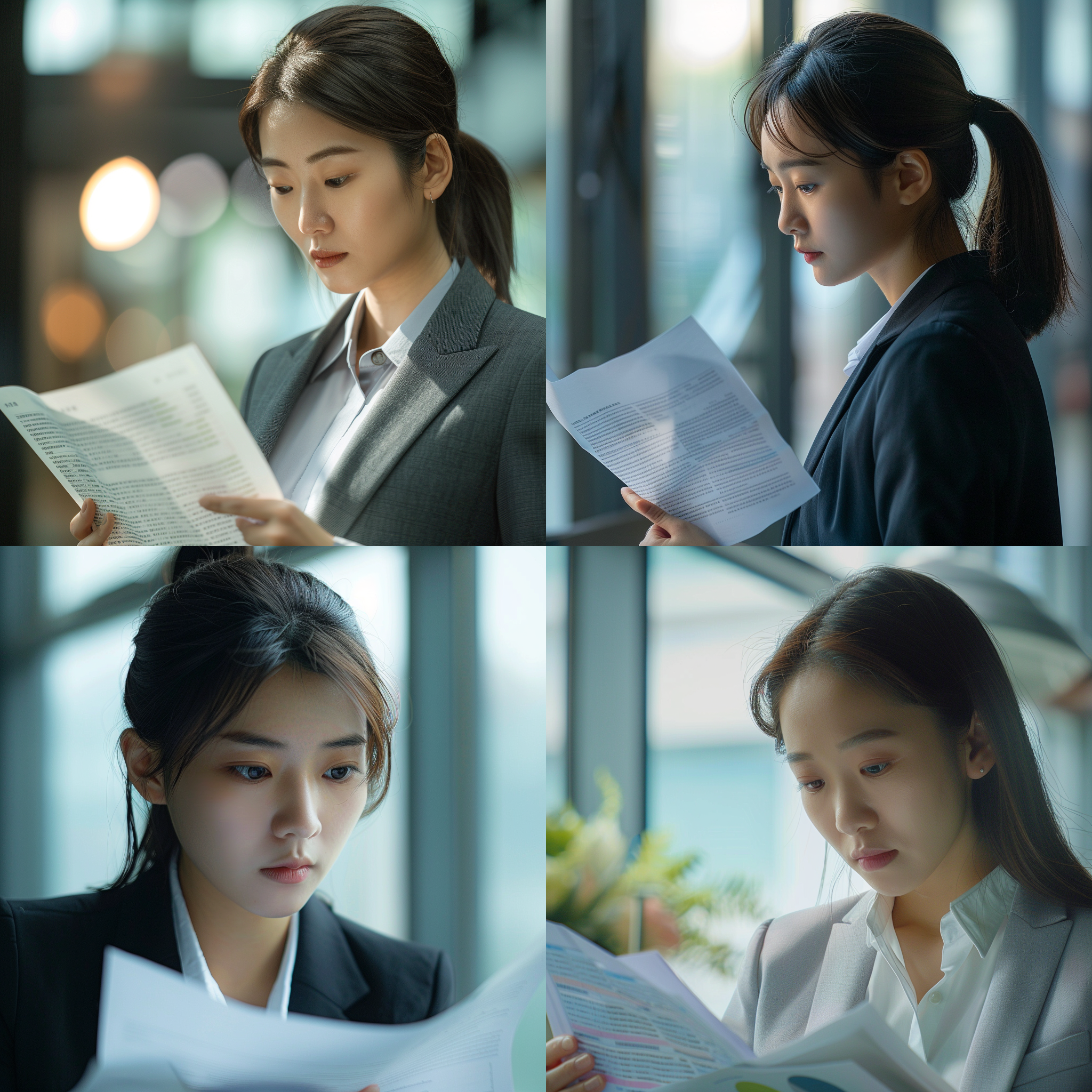 中国姑娘在办公室看文件，专注表情，现代办公室环境，柔和自然光，中景，浅景深，冷色调，文件细节清晰，人物着职业装，沉思姿态，自然光，办公室，中景，浅景深，冷色调，专注，职业装，文件细节，沉思。