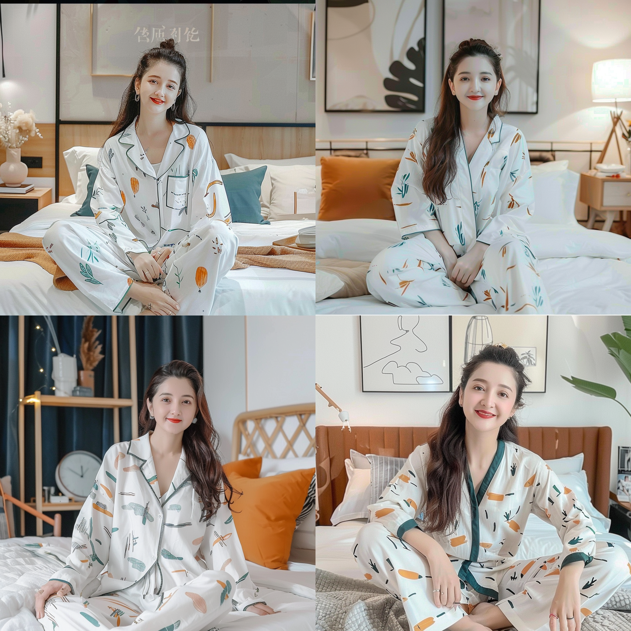 中国睡衣模特，室内柔和光线，自然妆容，长发披肩，微笑表情，舒适姿态，浅色背景，细节清晰，长焦镜头，低饱和度，温馨氛围。