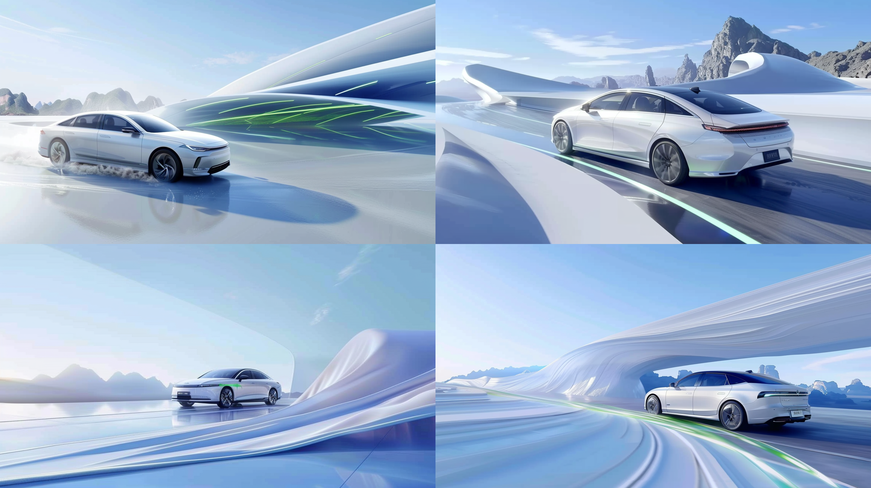 新能源车在道路中央行驶，长焦镜头捕捉，正面光照射，高速快门定格，车身线条流畅，科技感十足，车旁飘带随风飘扬。,长焦镜头,正面光,高速快门,流畅线条,科技感,飘带,道路中央,新能源车,动态感,现代感。 白金 浅蓝 沙漠 全景 居中构图 消失点构图 宽景 鸟瞰