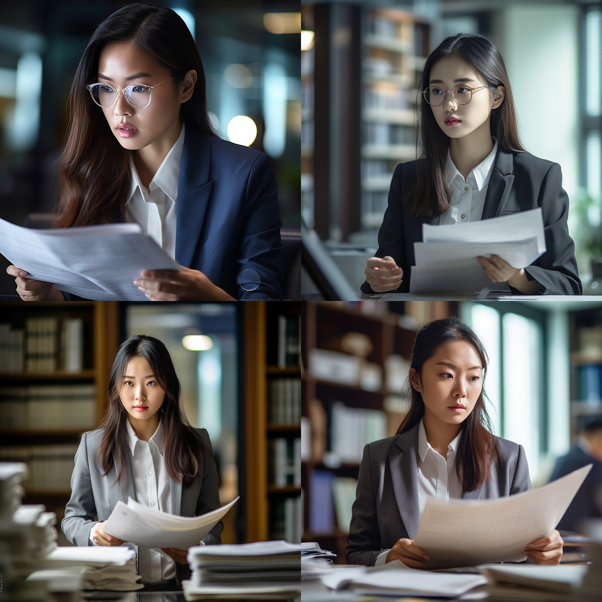 中国姑娘在办公室看文件，专注表情，现代办公室环境，柔和自然光，中景，浅景深，冷色调，文件细节清晰，人物着职业装，沉思姿态，自然光，室内，中焦镜头，细节丰富，专注，冷静。