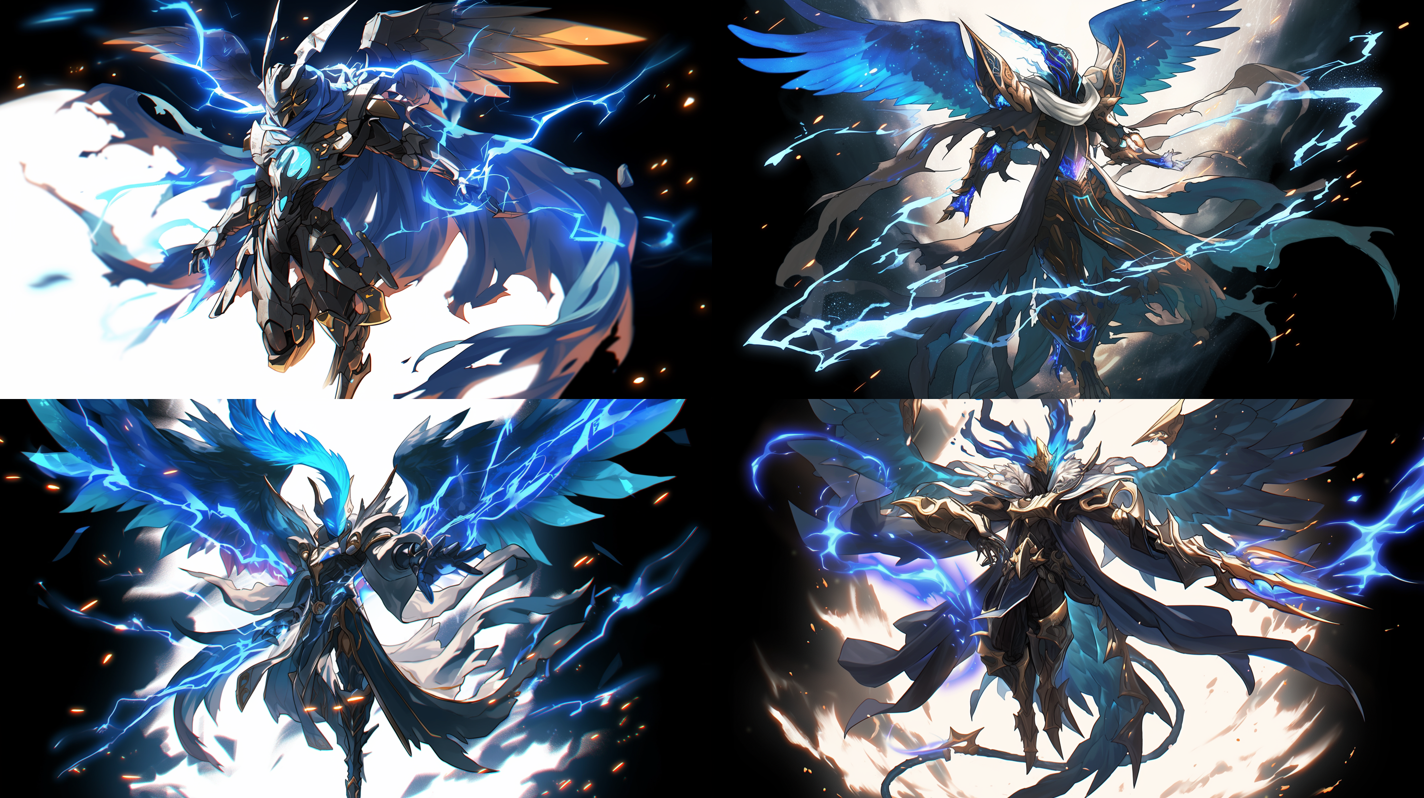 英雄身披战袍，面具遮面，双翼展开，雷电环绕，空中战斗，仰视角度，暗黑风格，金属质感，冷色调，长焦镜头，背光，动态模糊，勇敢，神秘。