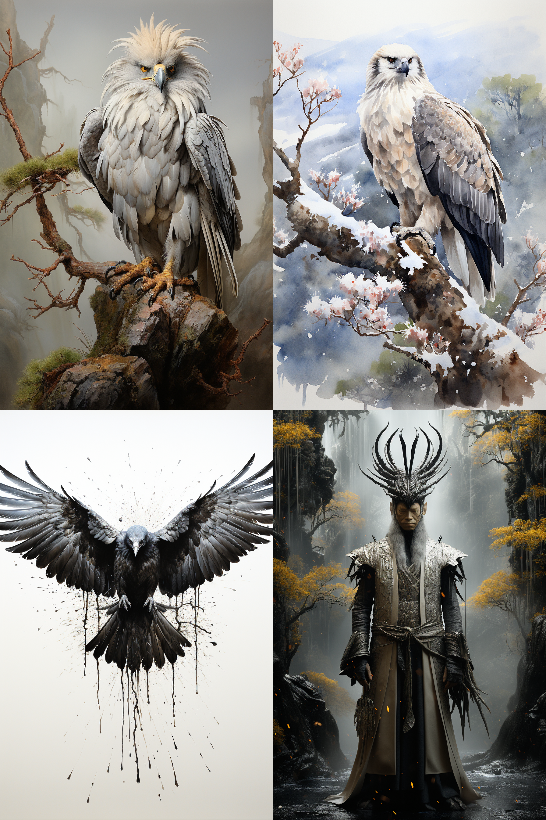 秃鹫站立松针点缀，泼墨写意中国画，黑白灰调，气势大，层次分明，高画质，背景留白，古朴美，柔和光线，雄壮姿态。