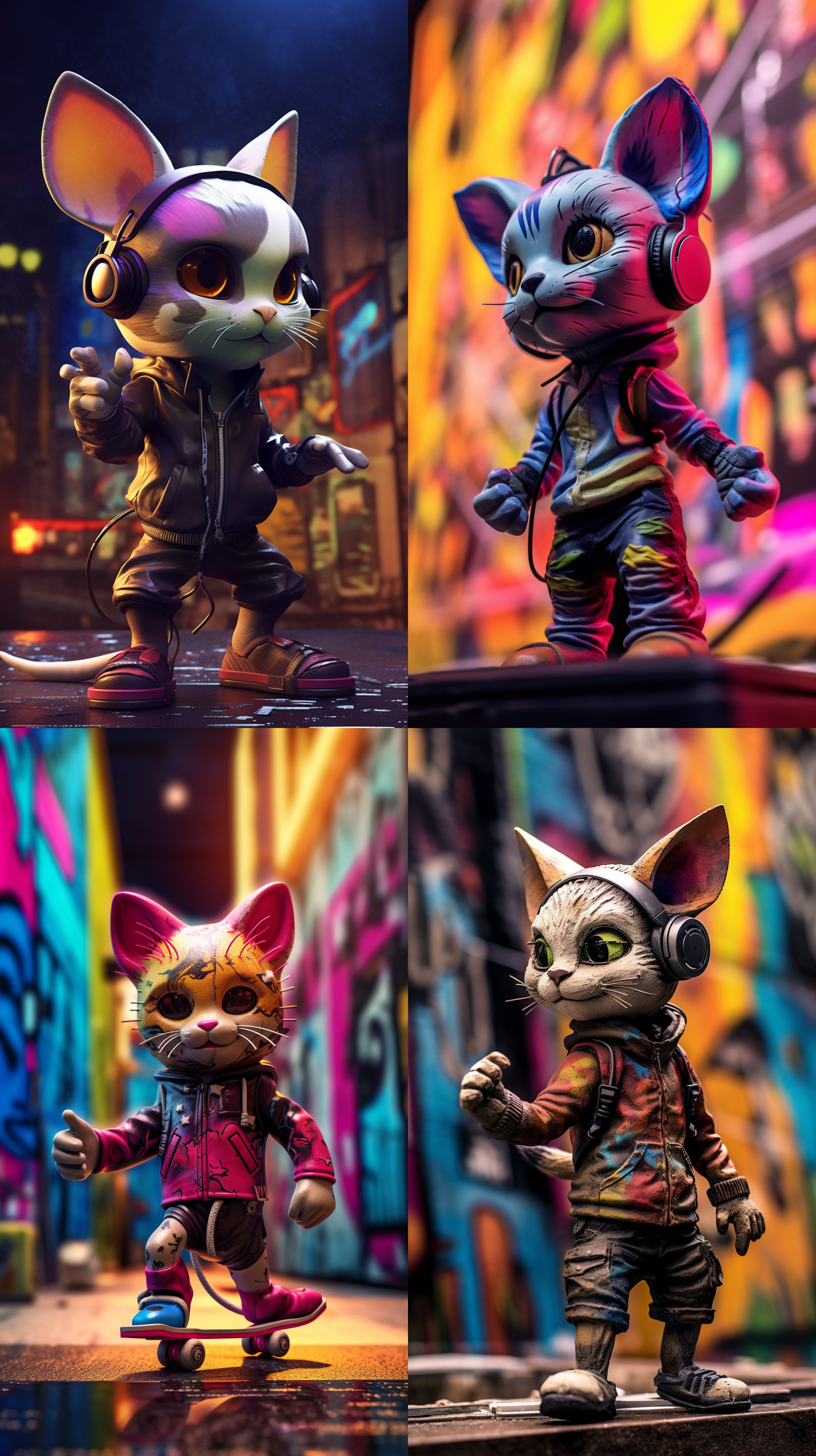 小猫巨人形象，拟人化，双手摸戴耳机，单脚踩在滑板上，街头涂鸦背景，低角度拍摄，鲜艳色彩，长焦镜头，逆光，动感十足，自信微笑，现代艺术风格。