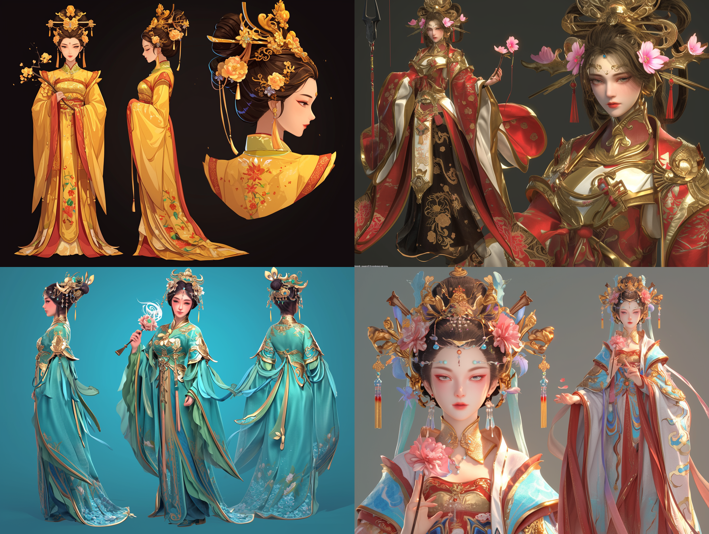 中国公主手持花朵，头戴华丽头饰，身着明朝服饰，游戏角色设计三视图，正面、侧面、背面，等轴测图，全身展示，游戏角色，皇家冲突，搅拌机3d，艺术站与外观风格，矢量艺术，细节丰富，色彩鲜明，光影柔和，动态优雅。