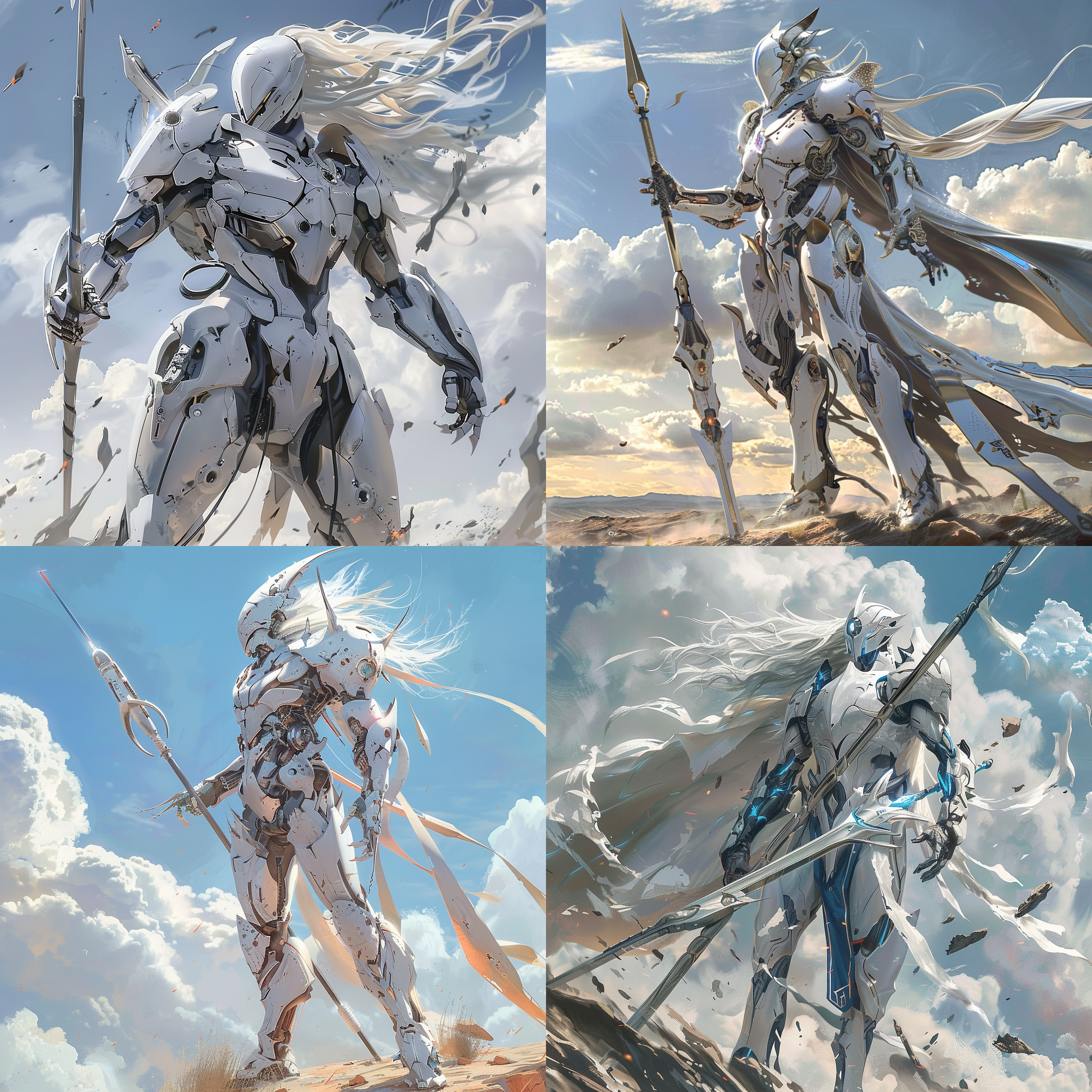 美女机甲战士，白色装甲，手握权杖，长发飘逸，英姿飒爽，表情严肃，战场背景，超高清画质，高光对比，冷色调，广角镜头，正午阳光，动态捕捉，力量感。