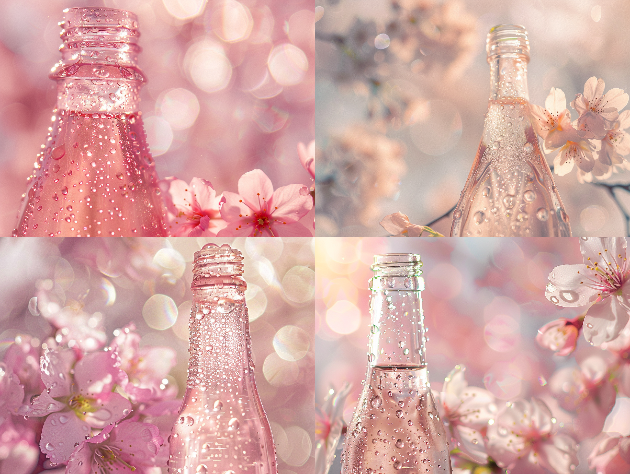 水滴沿着瓶身闪耀，自然阳光背光，边缘光，夏日，樱花背景，白粉色调，阳光穿透瓶身，闪耀自然，细节丰富，广角视角，宾得67富士400h，风格原始。