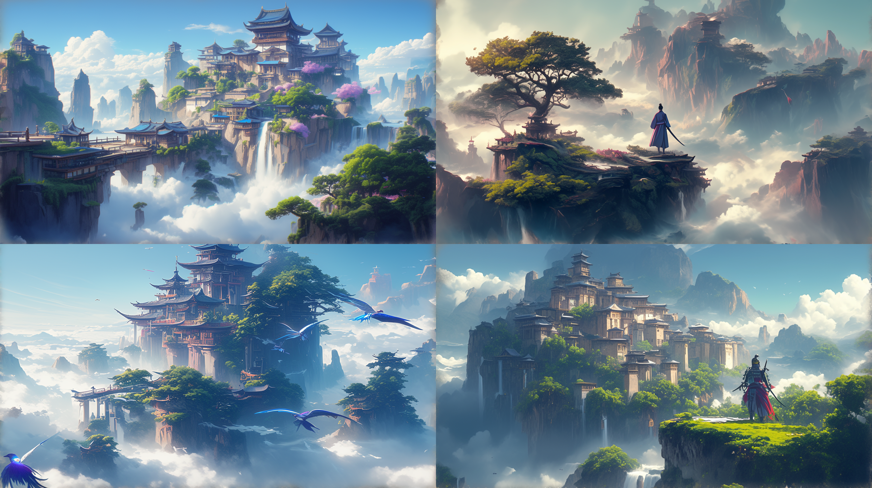 奇幻世界东方起源，神秘古风，仙侠氛围，云雾缭绕山峰，古装人物御剑飞行，长袍飘逸，表情专注，水墨画风，远景构图，柔和光线，低饱和色彩，梦幻般的光影效果，静谧与动感并存，横板，电脑壁纸，oc渲染。