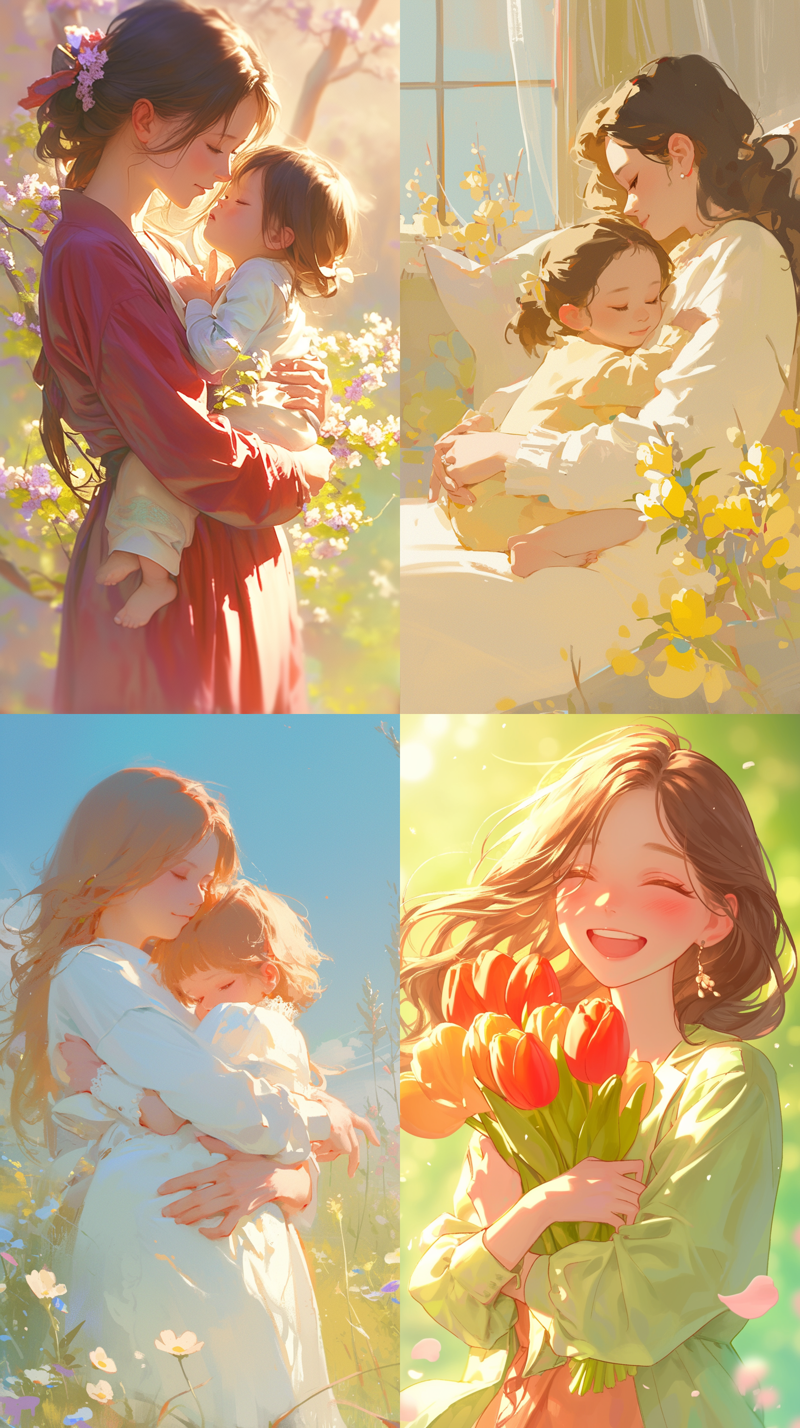 母亲节海报，妈妈微笑看着孩子，孩子旁边玩玩具，柔和色彩，自然光，特写镜头，微笑，天真，细节丰富，温馨氛围，微距镜头，柔焦，舒适，和谐。