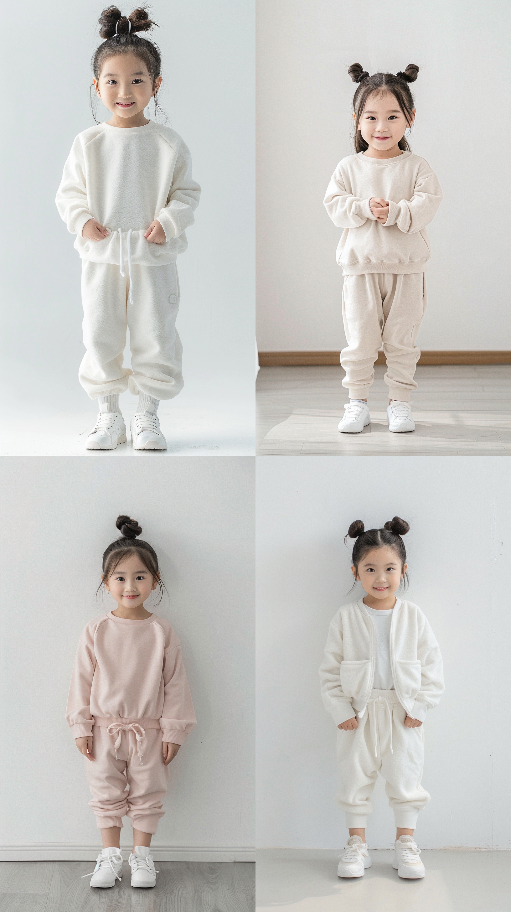 高清像素，自然光源，正面打光，5岁中国女童全身入镜，站立姿势，头发扎成两个小丸子，笑容灿烂，目光看向镜头，白色运动鞋，白色背景墙，稚气可爱，粉彩色，明亮，全身，童装。