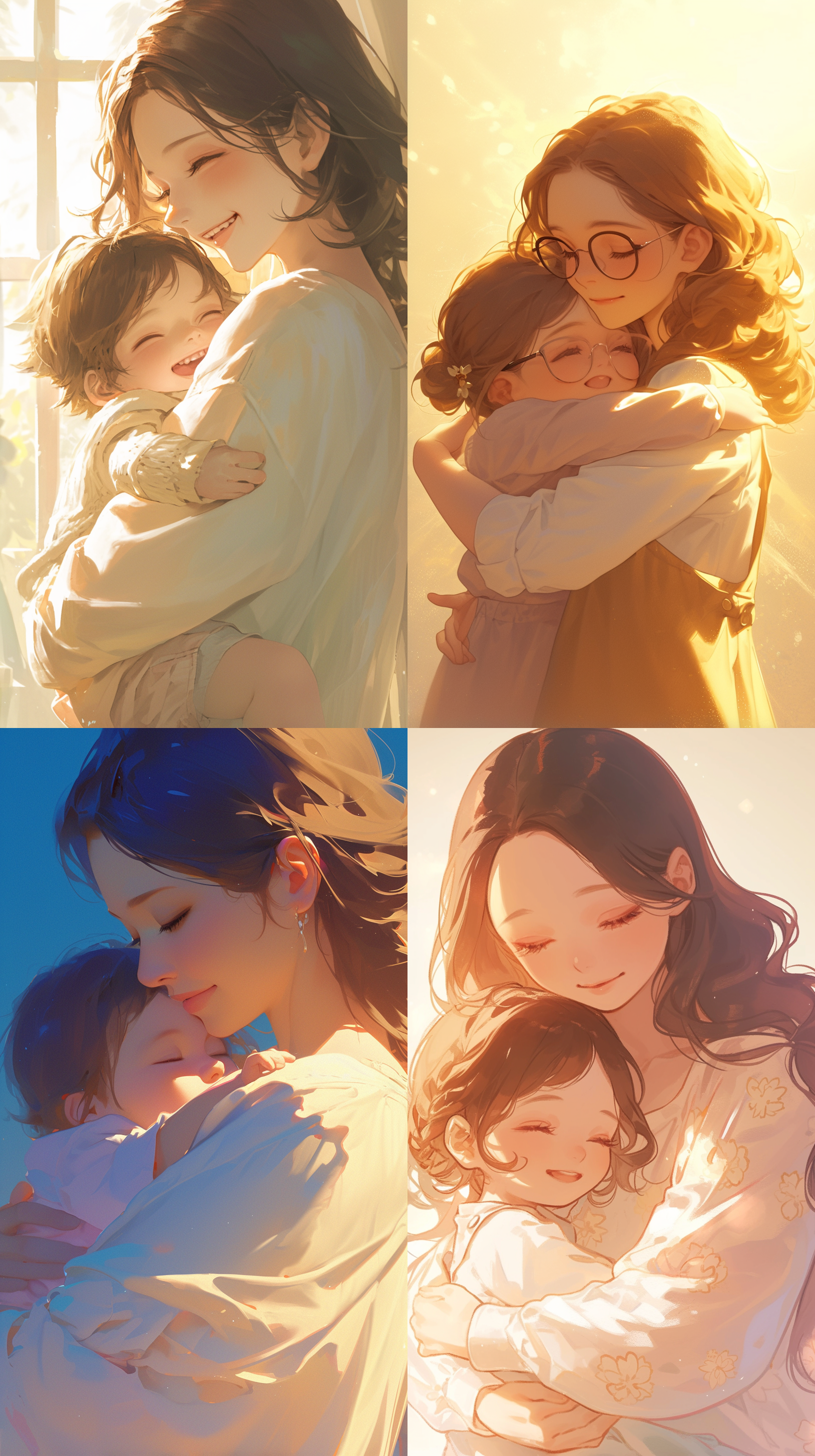 母亲节海报，妈妈怀抱孩子，柔和色彩，自然光，近景特写，微笑，天真，细节丰富，温暖氛围，微距镜头，软焦点，温馨，和谐。