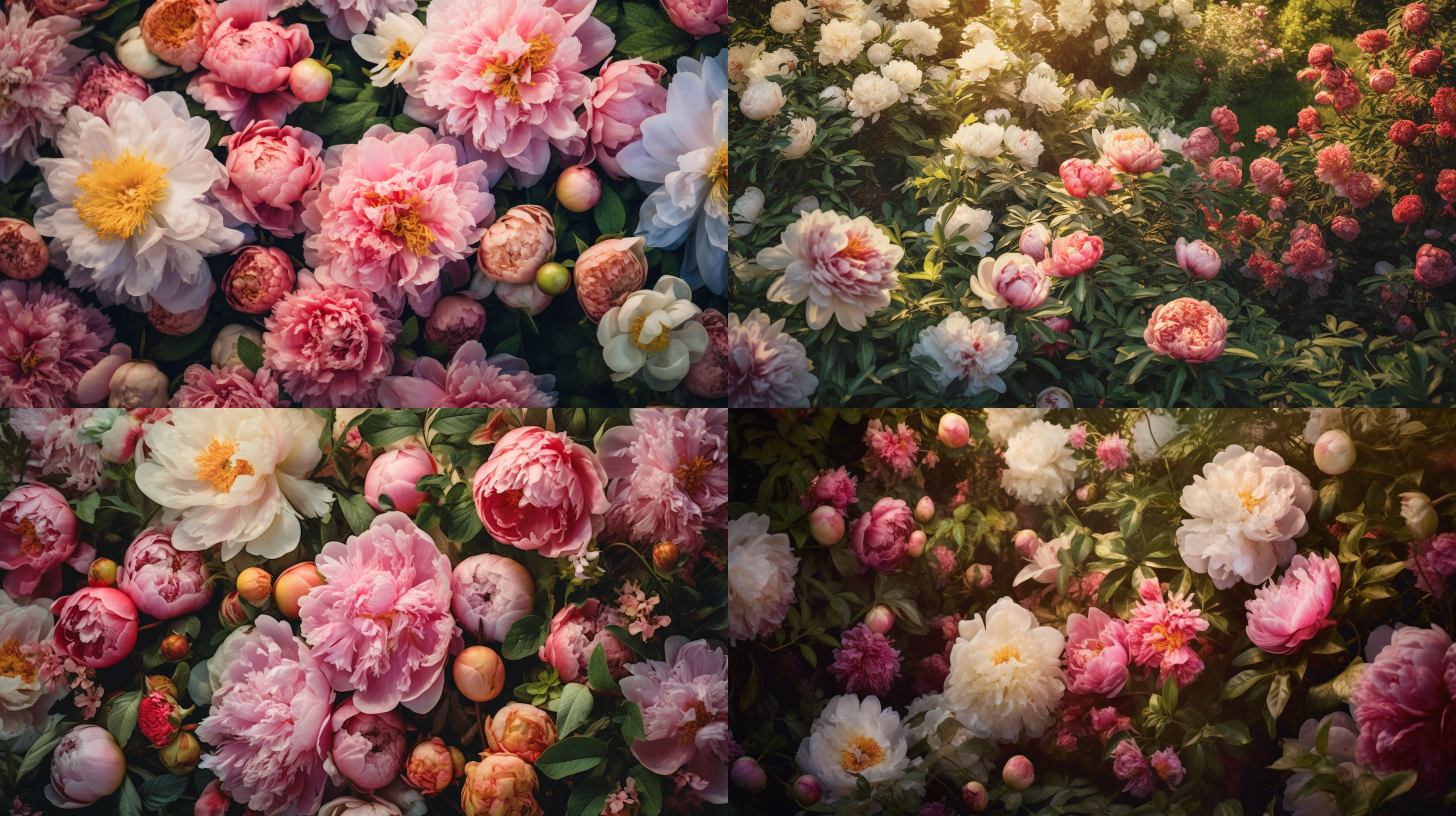 满园盛开的牡丹，俯视角度，花园全景，自然光，柔和色彩，微距镜头，焦点清晰，背景虚化，生机勃勃，优雅绽放。