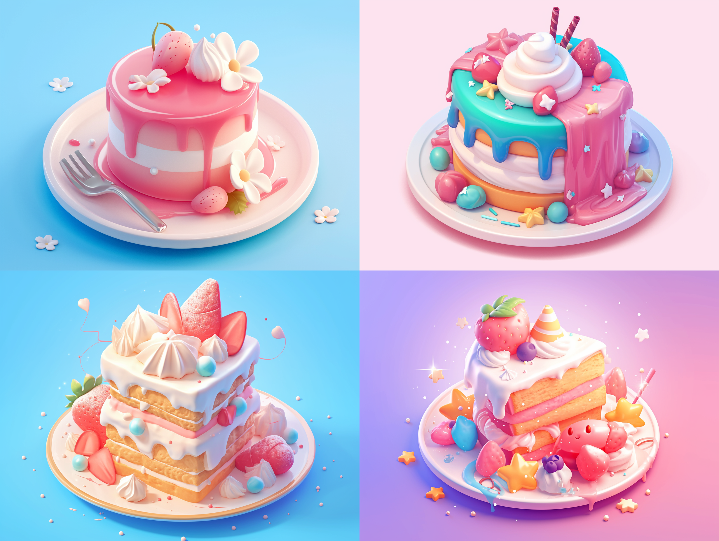 蛋糕3d图标，卡通风格，黏土材质，等距视角，3d渲染，光滑闪亮，可爱，儿童风格，柔和色彩，聚光灯效果，简洁背景，精致细节，高清，高分辨率。