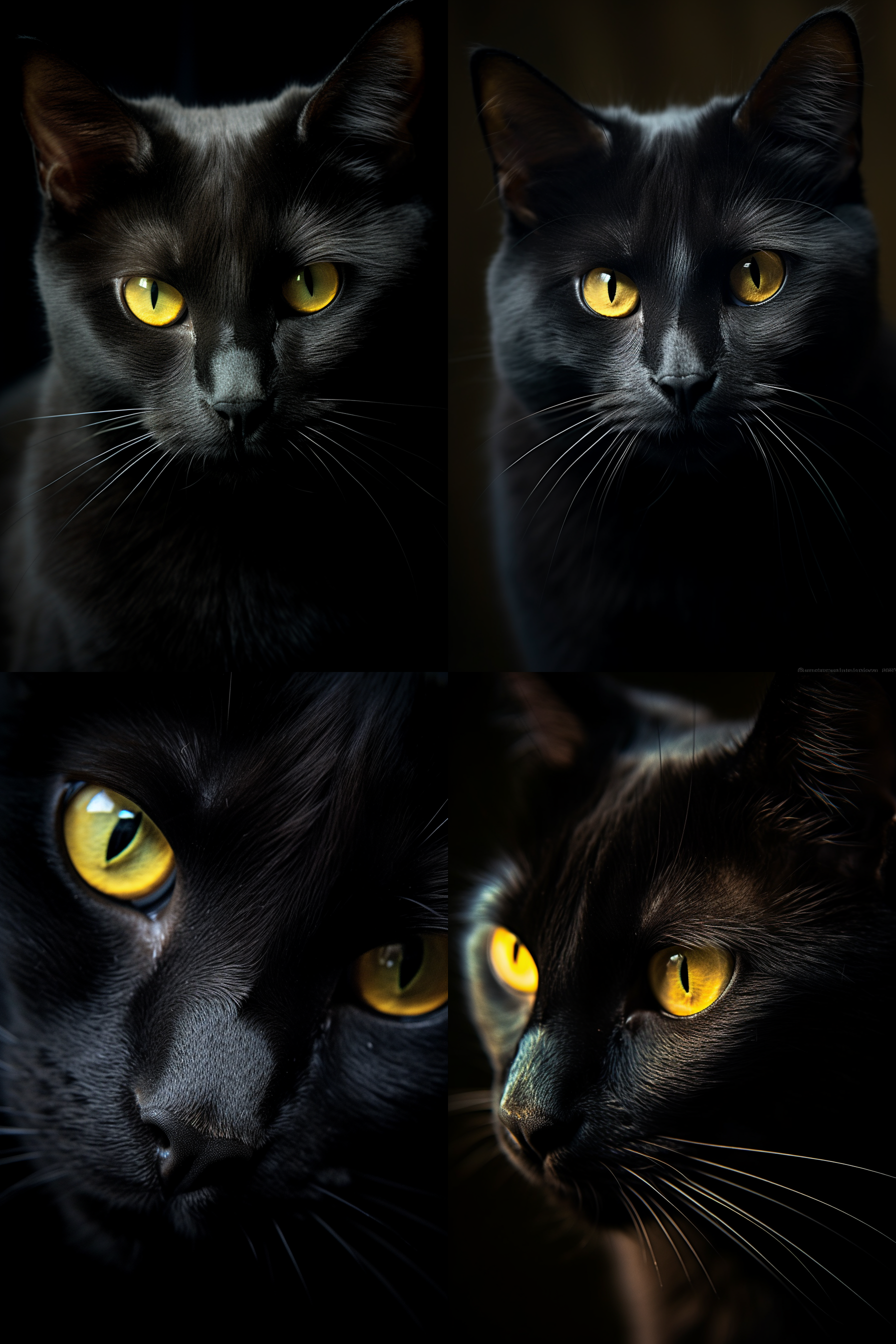 黑猫，全身漆黑，眼神凶狠，低角度拍摄，暗调背景，神秘氛围，特写镜头，侧光突出轮廓，锐利焦点，深邃眼眸，紧张情绪。