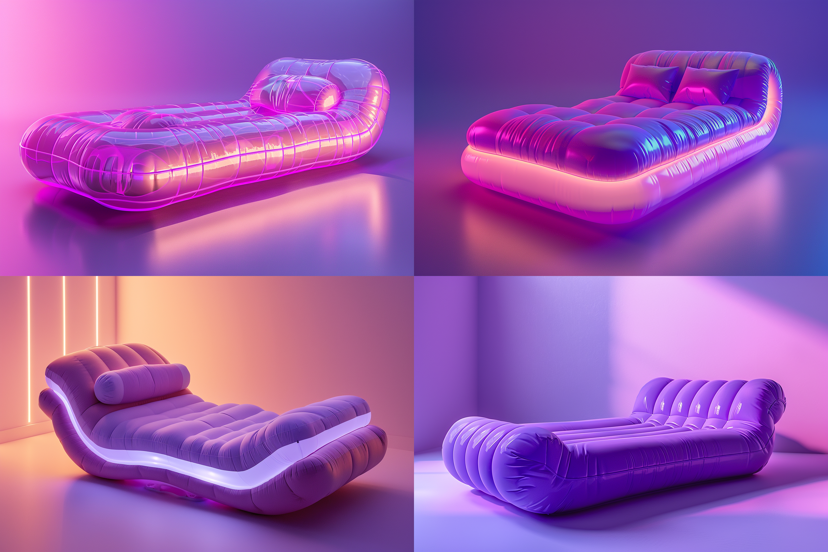 家具设计，按摩水床，充气，高品质质量，多功能，荧光紫色，透明，概念产品设计，未来派，现代，朴素的工作室背景，暧昧的灯光照明，50毫米，超详细，写实，摄影，超高清