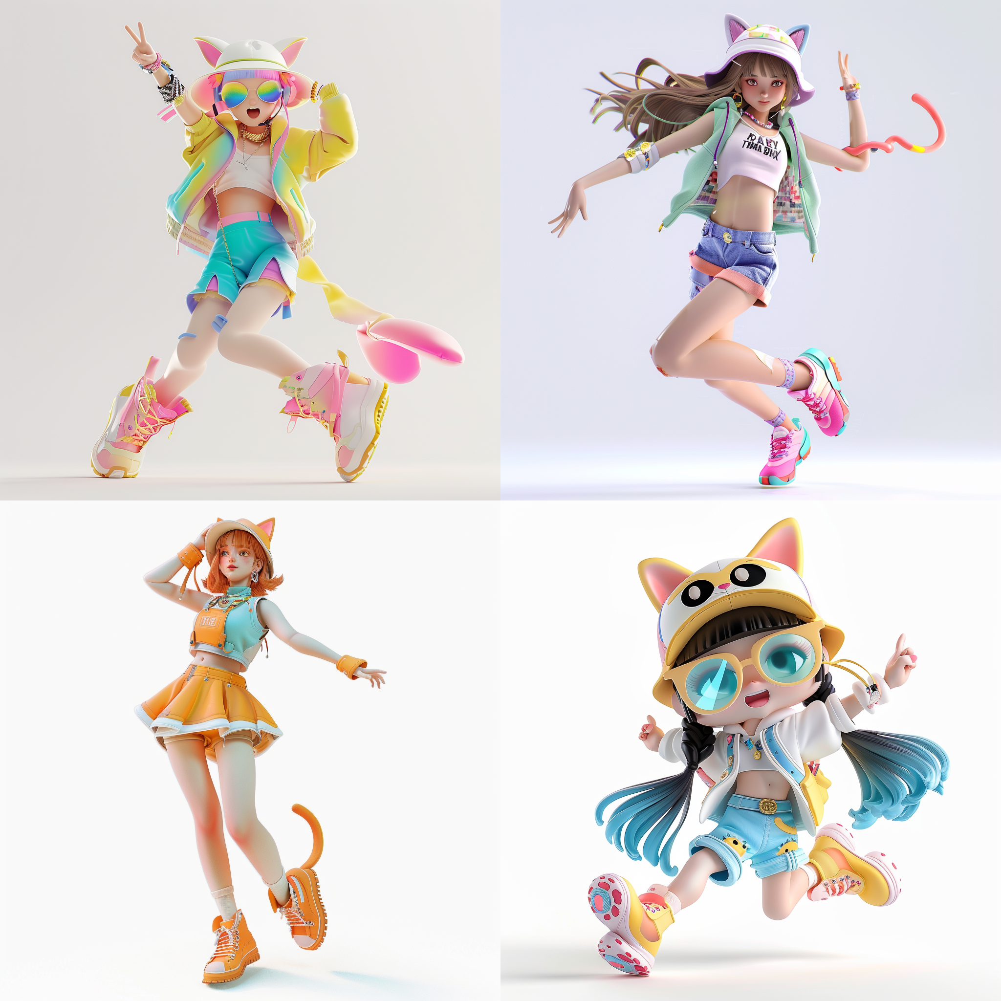 白色背景，3d卡通风格女孩，猫头，全身，动感，精致脸部，鸭舌帽，街舞穿搭，夏季潮流时尚服装，泡泡玛特配色，pop mart制作，光滑细腻，黏土材料，辛烷值渲染，超细节，8k,16k，超清晰细节，模型摄影，侧身跳起，明亮色彩，生动表情，细节丰富，数字艺术，创意设计，灯光效果，童真情感。