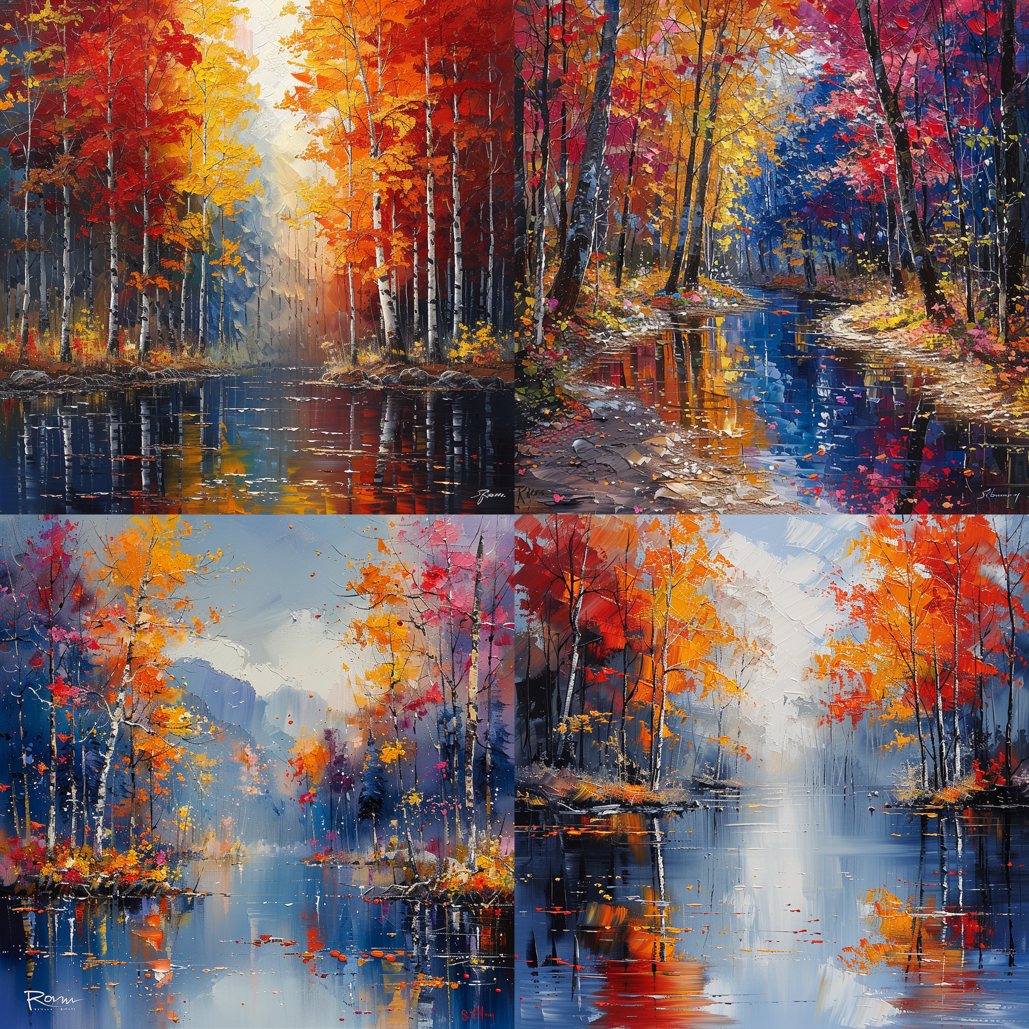 “岁月的颜色，有浓墨，有重彩，有留白，春夏秋冬，或色彩斑斓，或静美素雅”,请解读这句话并构思系列绘画，精品油画，抽象艺术，印象派，想象力丰富。艺术欣赏性极高，大师级构思作品，美国画家robert.rohm风格，最高质量表现，8k