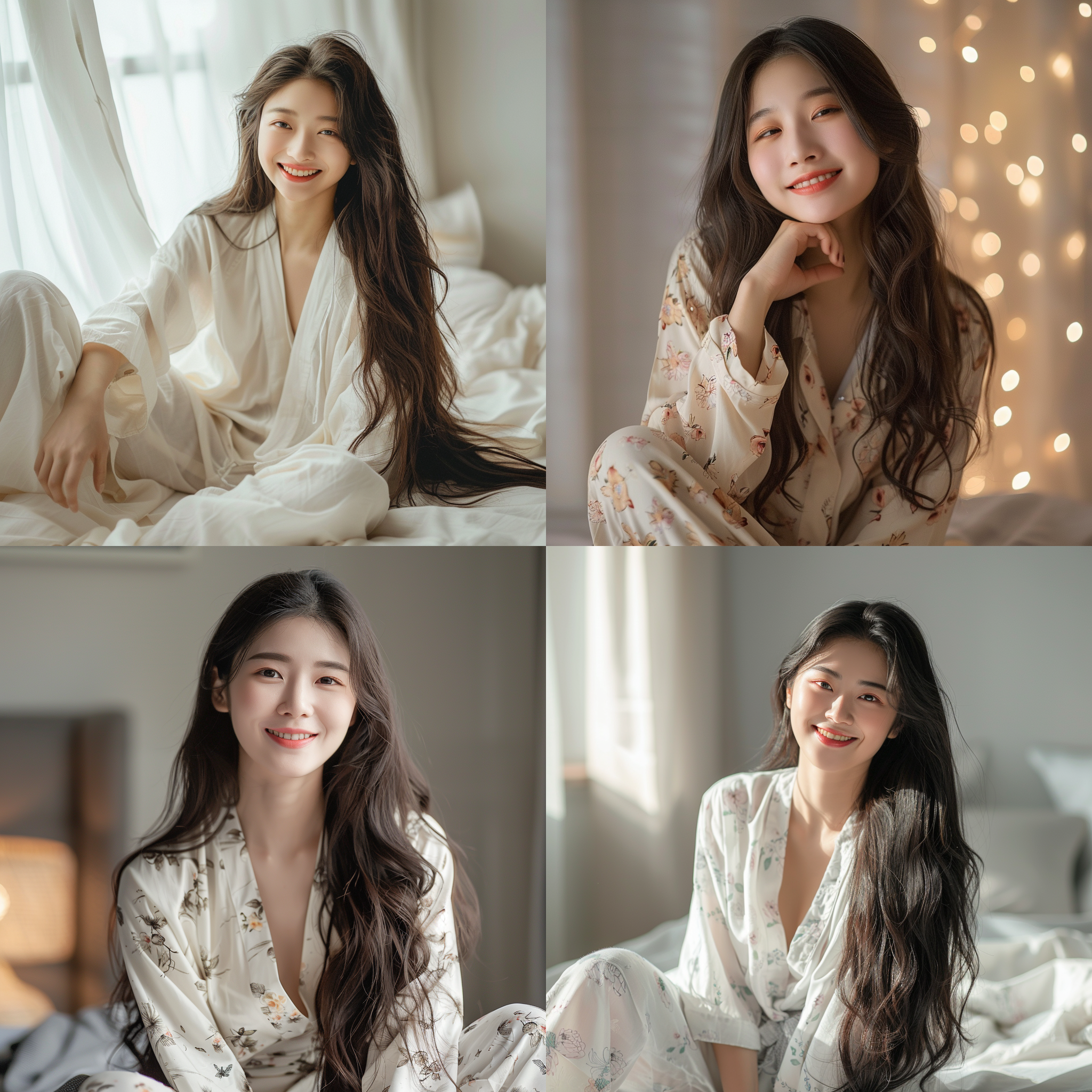 中国睡衣模特，室内柔和光线，自然妆容，长发披肩，微笑表情，舒适姿态，浅色背景，细节清晰，长焦镜头，低饱和度，温馨氛围。