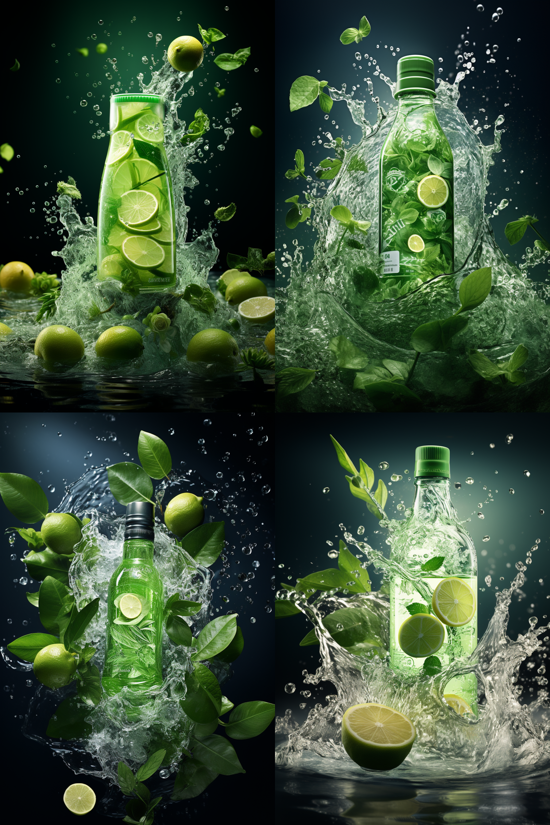 李子创意广告，鲜绿李子带水珠，螺旋切片变果子入包装，右下饮料瓶与盒，飞溅果汁，虚幻李子园，尼康d610，24-120镜头，8k画质，柔和体积光，清新绿色调，细节丰富，动态捕捉，创意构图。