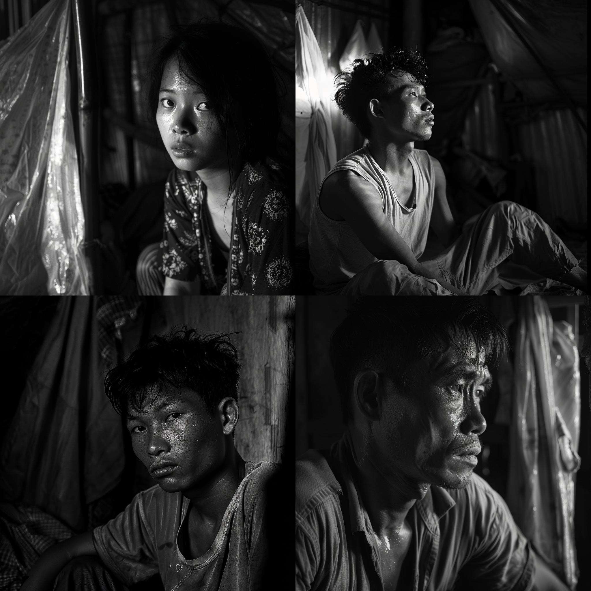 缅北噶腰子事件，亲历者叙述，昏暗房间，低角度拍摄，黑白风格，特写镜头，侧光，忧郁表情，破旧衣物，绝望氛围，紧张情绪。