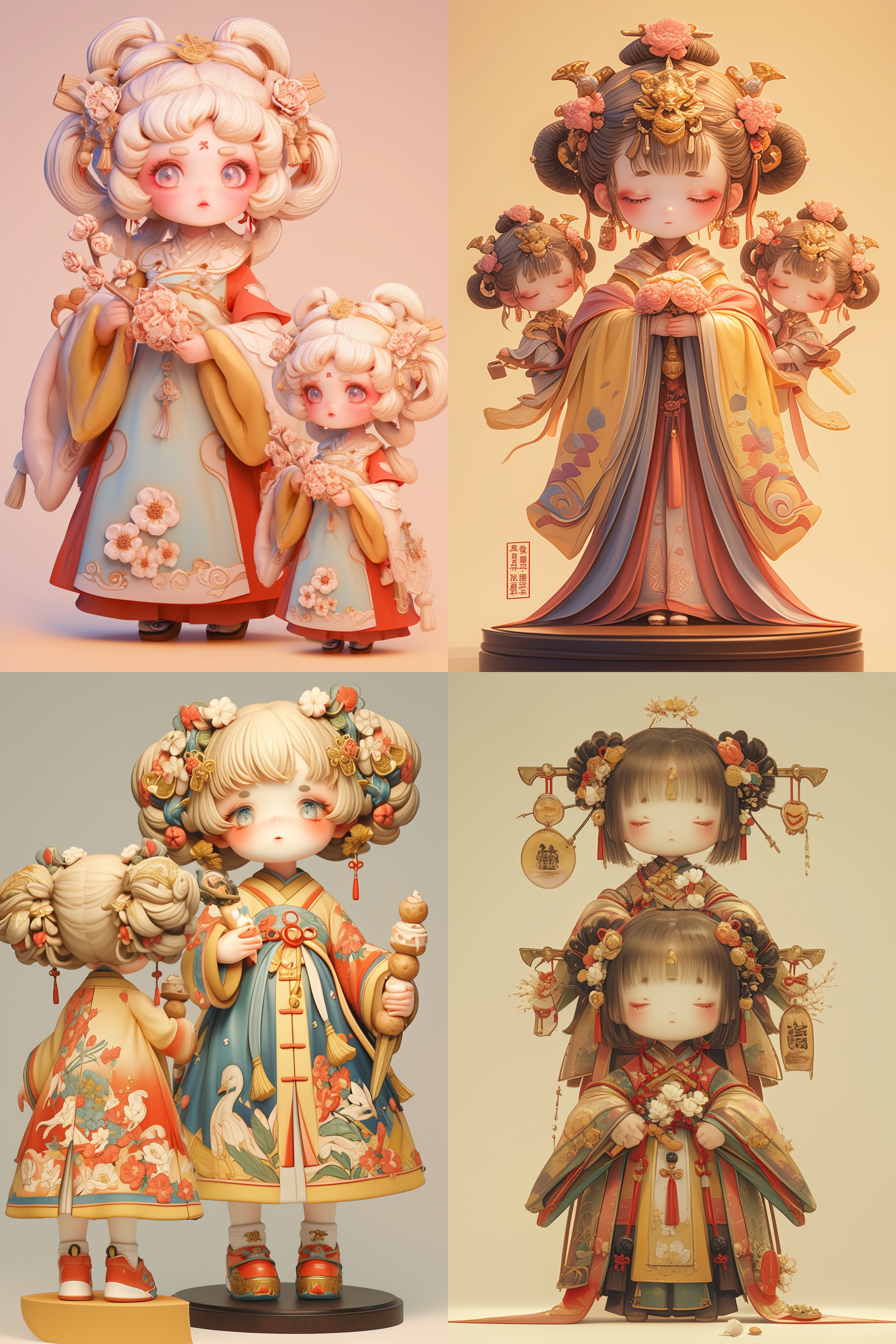 三视图，正视图，侧视图，背视图，q版三头身古风小女孩，手持花朵与糕点，全身展示，色彩丰富，透明塑料质感，柔和光线，身体微光，盲盒玩具样品，细腻光泽，干净背景，3d渲染，oc渲染，4k最高质量，超详细细节。
