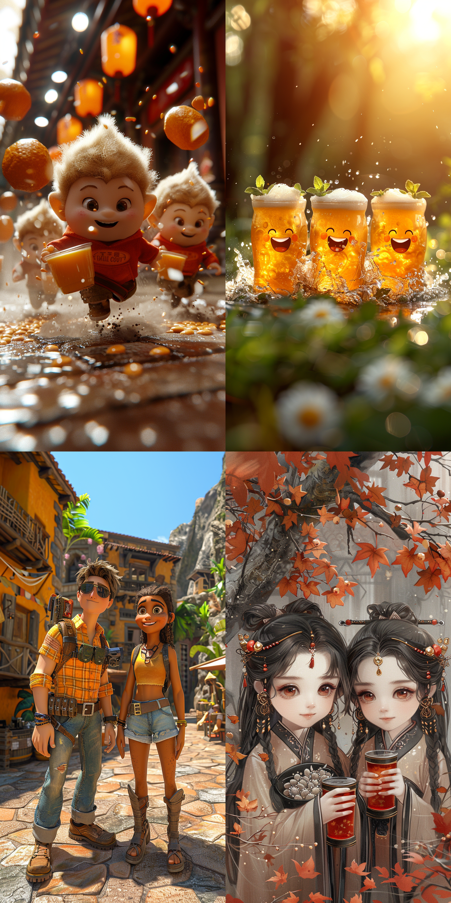 六一儿童节饮料创意海报，色彩缤纷，卡通风格，欢乐场景，孩子们手拿饮料，笑容满面，仰视角度，明亮光线，鲜艳色彩，动态捕捉，活力四射，创意构图，吸引目光。远景镜头，高饱和度，正面光，快速快门，跳跃动作，快乐表情。