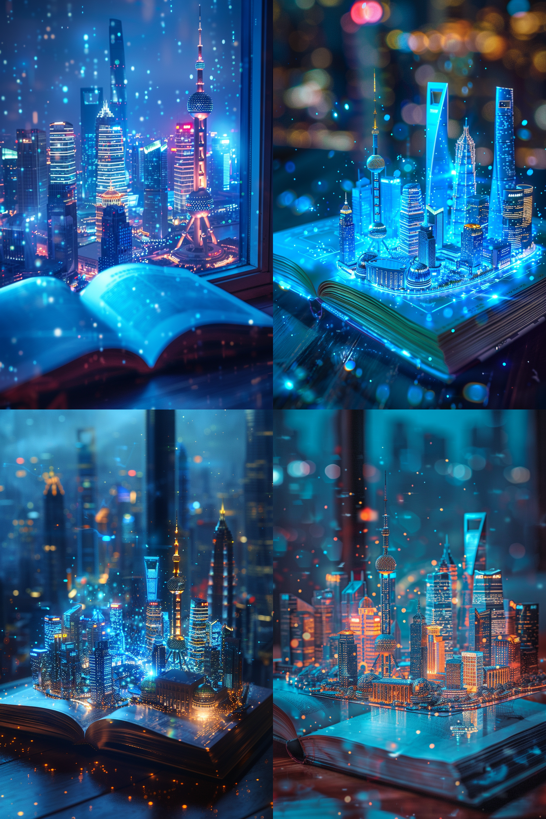 opened holographic magic book, a 3d model of shanghai grows from it, night scene, holographic style, ultra-detailed, 3:4 ratio, urban night view, blue tone, dynamic light and shadow, high definition, technological sense, mysterious atmosphere.