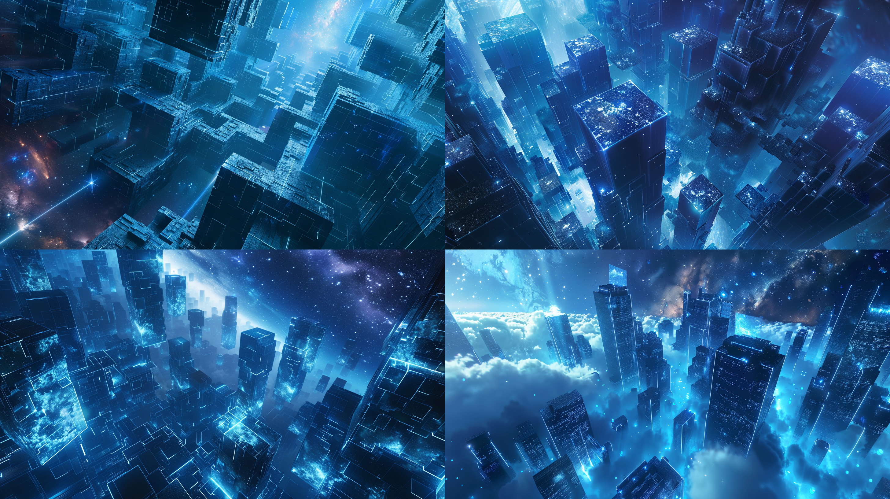 3 d cuboid device，拟态建筑，建筑群，宇宙背景，宇宙星云，深蓝色调，全景，宏伟，游戏cg风格，