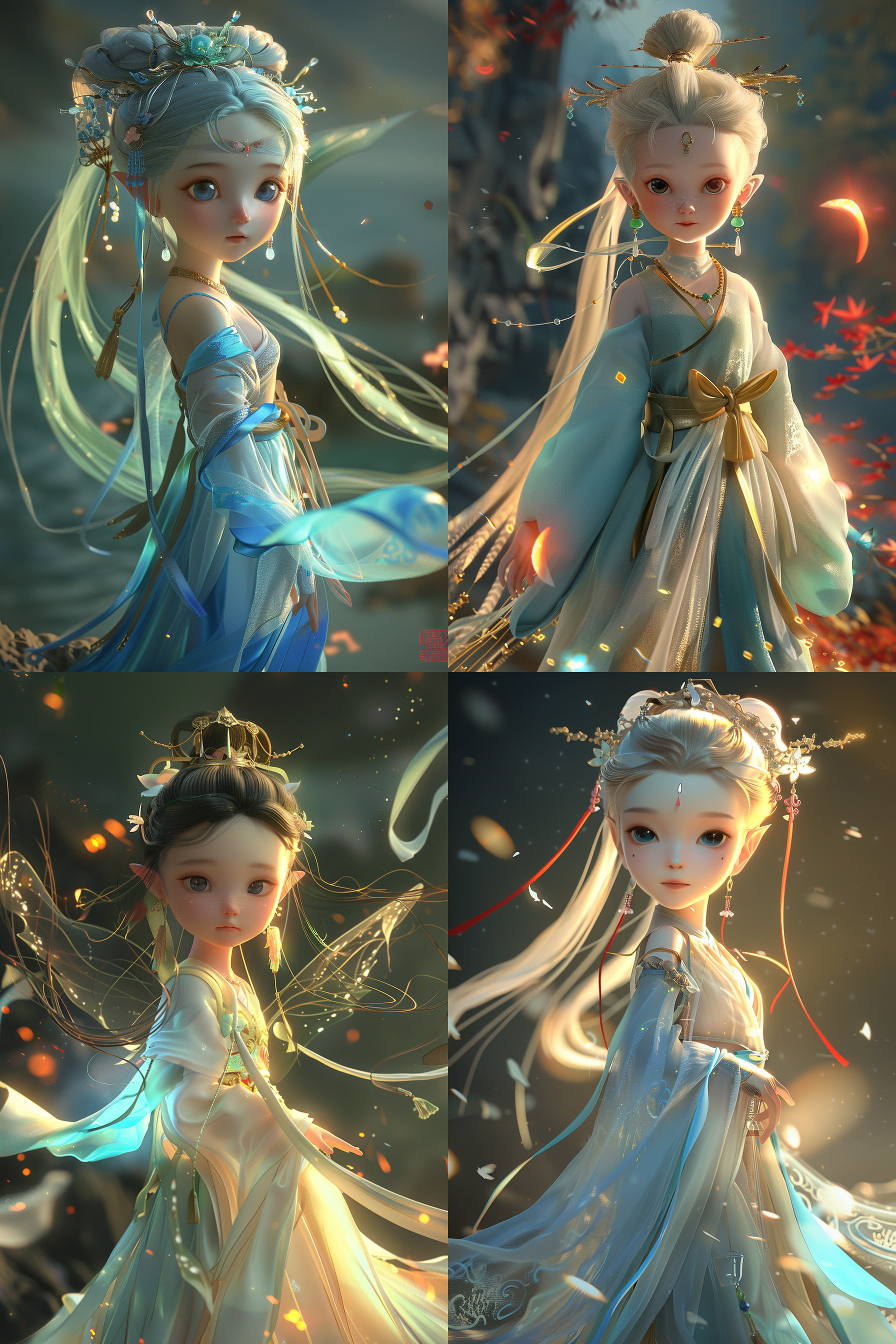 手办设计，可爱仙女，裙摆飞扬，长发飘逸，色彩鲜明，三维古风，雕刻精致，明亮，边缘柔和，阴影搭配，正面，侧面，背面，三视图，全身视角，细节丰富，高光处理，环境光，软阴影，立体感强，动态捕捉，色彩饱和，对比度适中，焦点清晰。 黏土 全身 侧身 大卫霍尼克 波普色 乳胶 明亮的 多姿势角色 全身角色 角色设计 丝绸 刺绣 汉服 中式服装