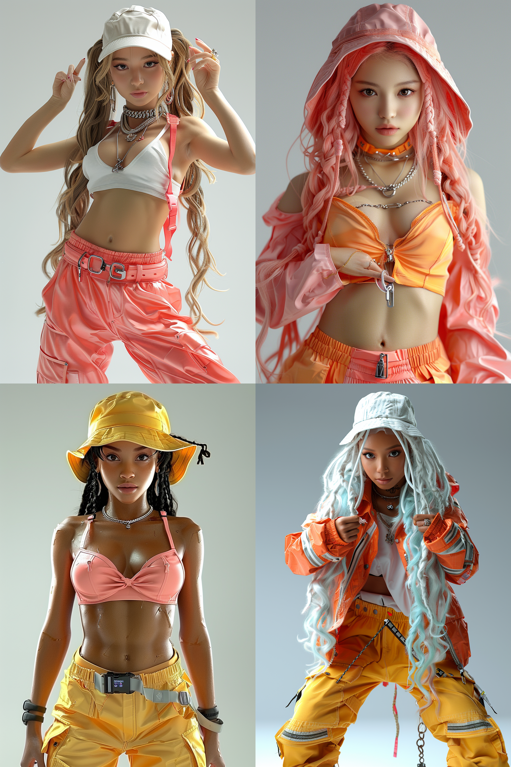 白色背景，3d卡通风格女孩，全身，动感，跳舞，精致的脸部，locking，hip hop带鸭舌帽，街舞穿搭，夏季潮流时尚服装，泡泡玛特配色，由pop mart制作，光滑细腻，黏土材料，辛烷值渲染，超细节，8k,16k，超清晰细节 模型摄影，欢快动感，欢快跳舞，明亮色彩，生动表情，细节丰富，数字艺术，创意设计，灯光效果，童真情感，