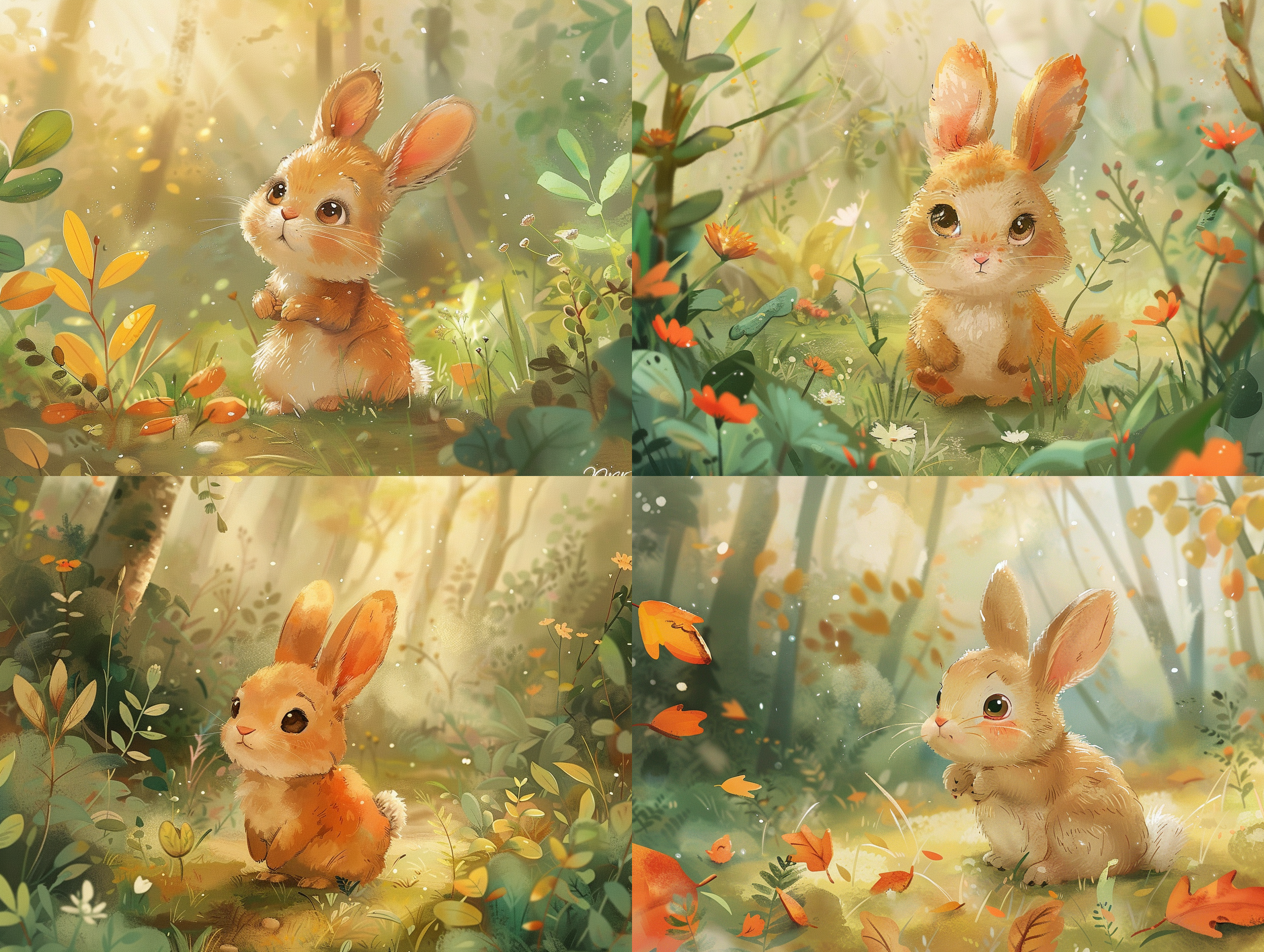 阳光森林中，小动物们活力开启新一天。中心，好奇的米米兔四处张望，脸上洋溢着纯真的笑容。皮克斯风格，森林背景，自然光，中景，浅景深，柔和色彩，动态捕捉，温馨，生机勃勃。