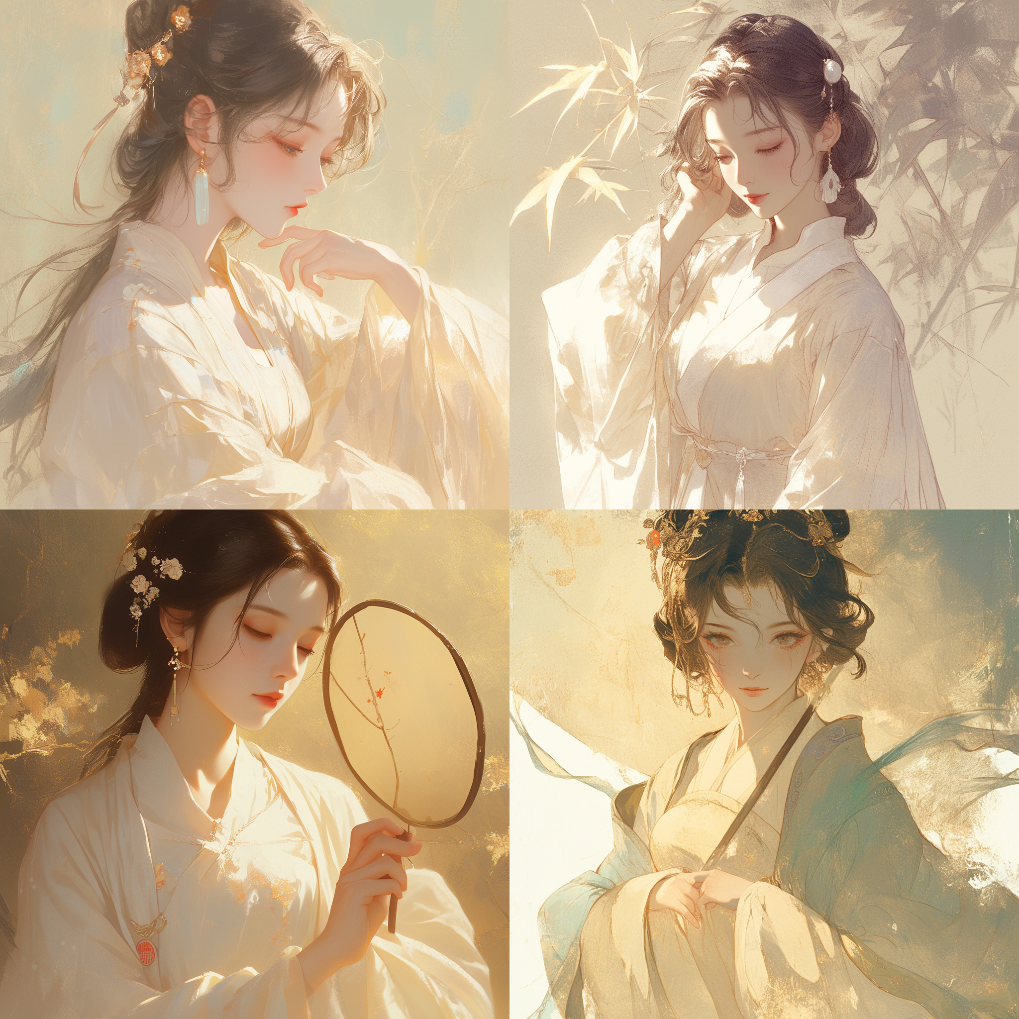 古风汉服，典雅构图，宽大袖子，端正面容，传统发饰，静态姿势，优雅动作，明暗对比，细腻纹理，古色古香，中焦镜头，柔和光线，静谧氛围。