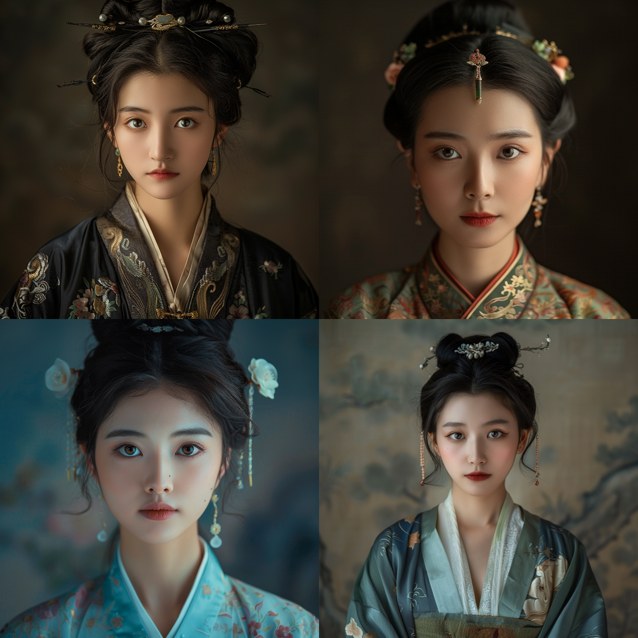 宫廷美女正面照，汉服，优雅端庄，中国古代，肖像摄影，细节清晰，柔和侧光，静态，高分辨率，传统美学，精致线条，文化传承，细节丰富，背景简约，眼神深邃，姿态端庄。