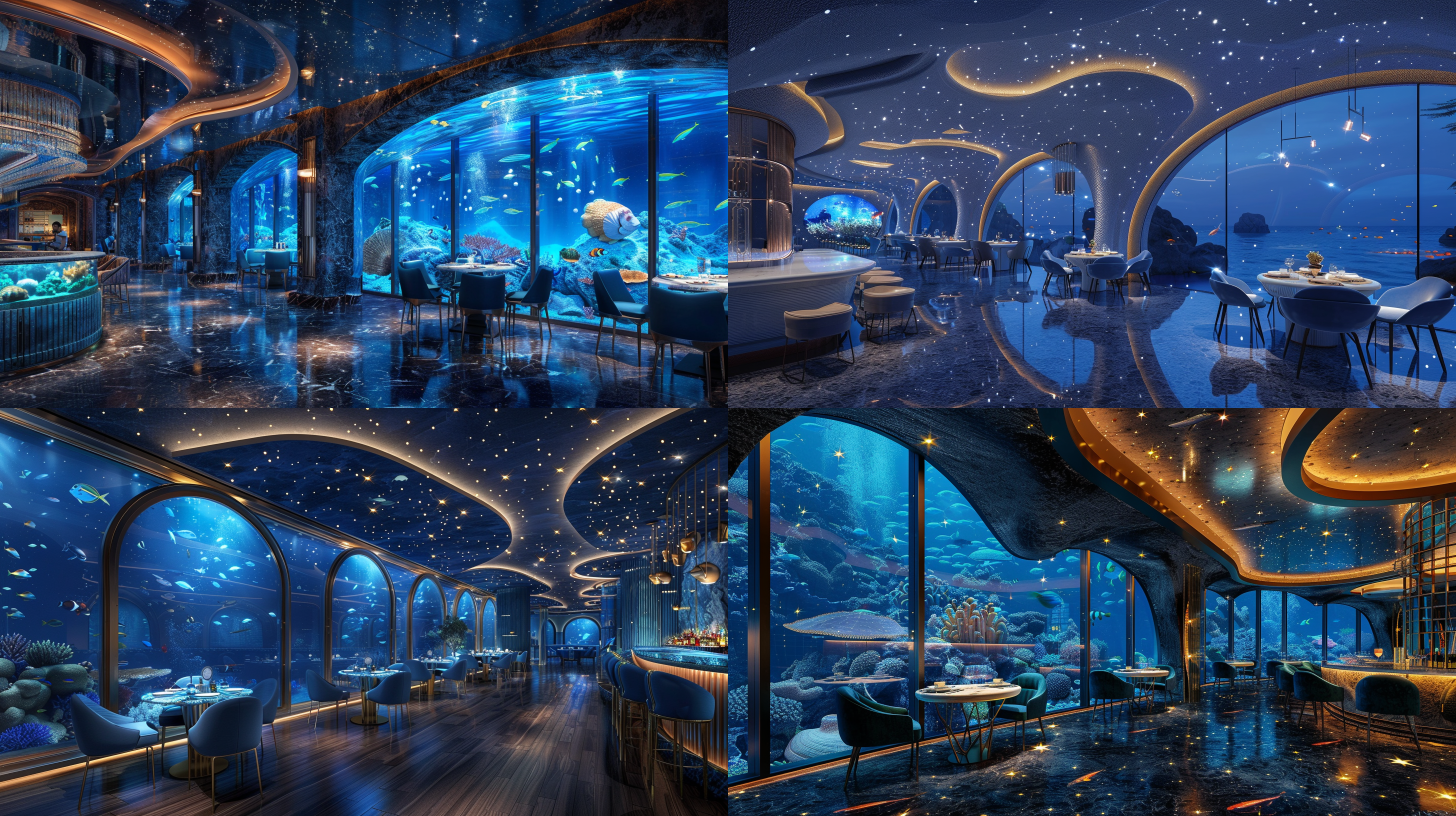 lovely ocean theme restaurant, all kinds of ocean theme decoration, ocean lighting, floor-to-ceiling windows, underwater sea view, large glass panels, watch all kinds of sea fish swimming, shell-shaped tables and chairs, starfish shaped bar, starry ceiling, high detail, master design, clean rendering, best quality, 4k