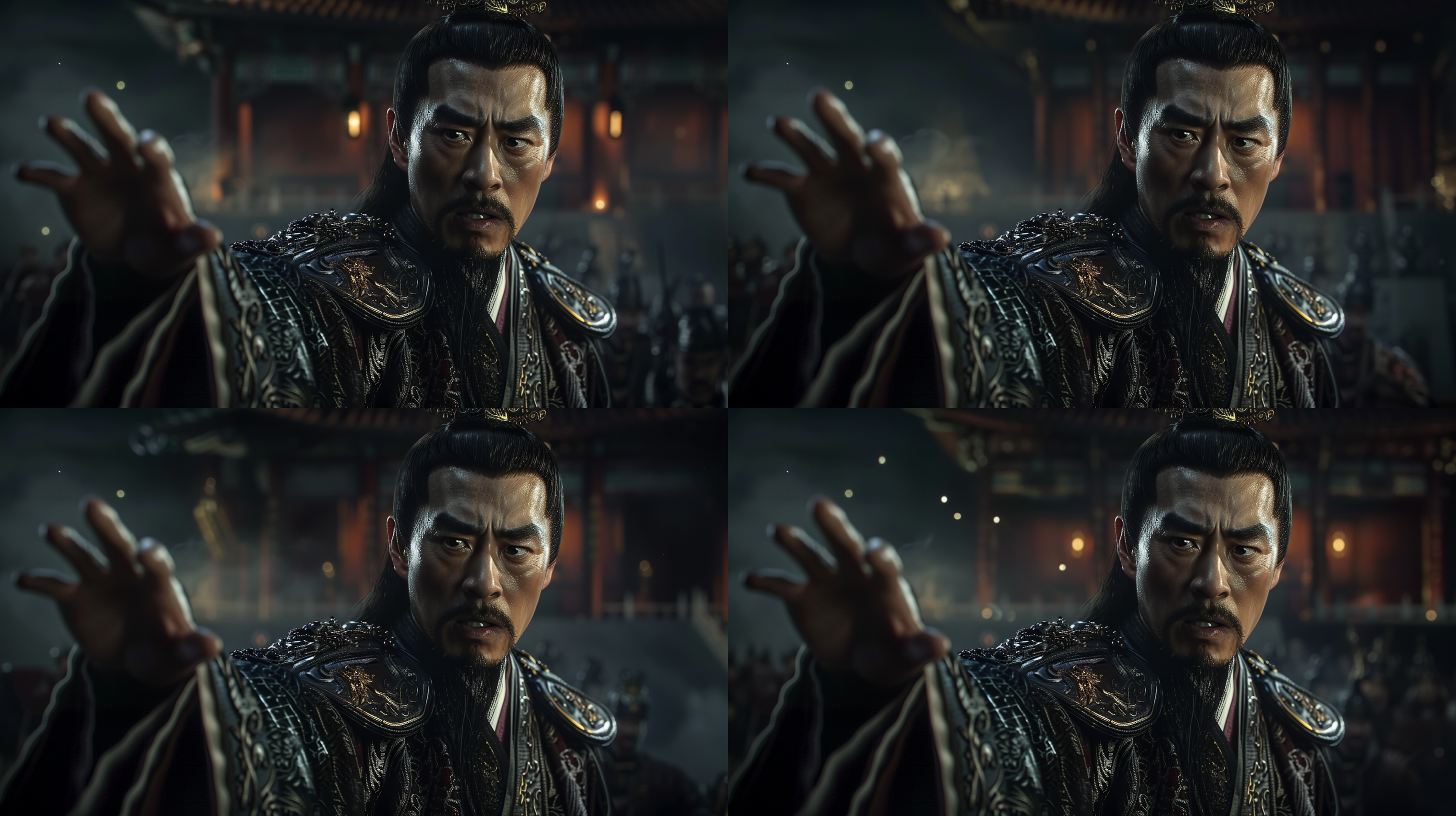 秦王震惊，高分辨率特写，背景虚化，中景，侧对镜头，眼睛睁大，嘴巴张开，右手举至头顶，手掌张开，身体后倾，暗色调，侧光，紧张氛围，intense，dramatic。