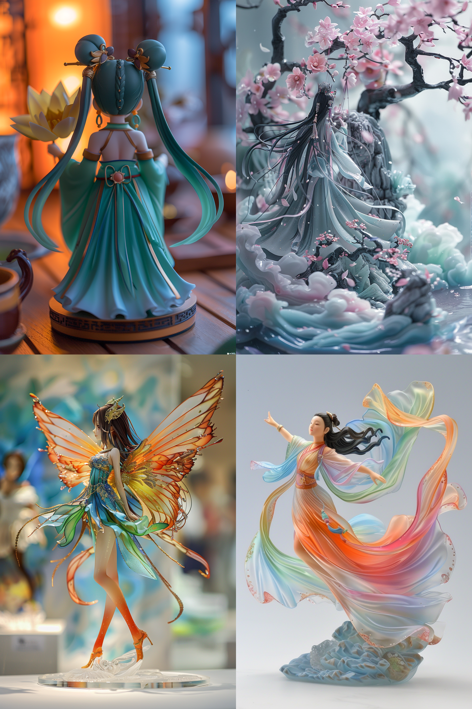 手办设计，可爱仙女，裙摆飞扬，长发飘逸，色彩鲜明，三维古风，雕刻精致，明亮，边缘柔和，阴影搭配，背后图，全身视角，高光细节，环境光，柔和焦点，动态捕捉。 黏土 全身 大卫霍尼克 波普色 乳胶 明亮的 全身角色 丝绸 刺绣 汉服 中式服装 角色设计 多姿势角色 人物视角