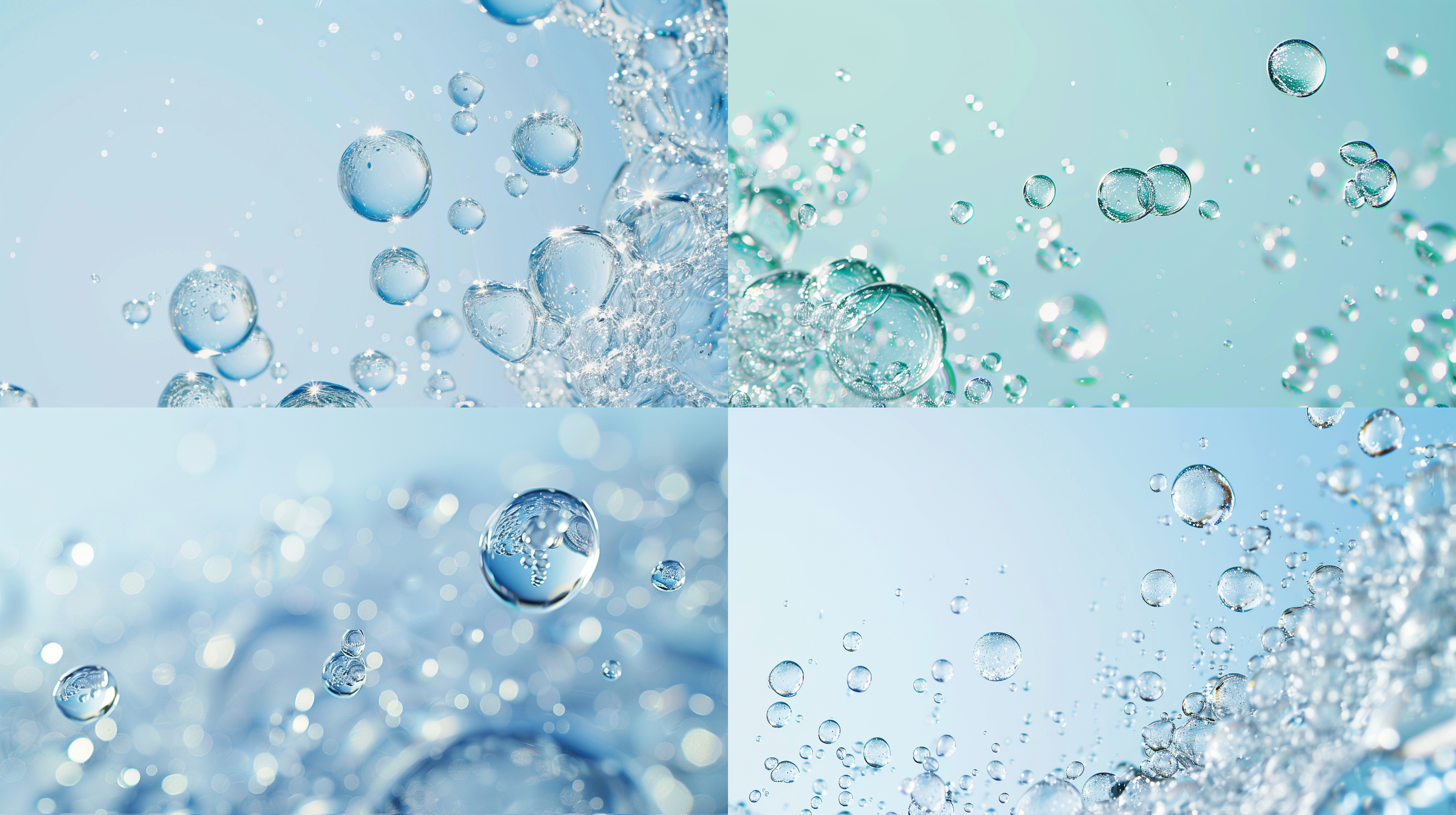 bubble,water,a closeup of water droplets and bubbles floating in the air against a clear light blue background with white space at the top. a closeup of cosmetic essence liquid texture showing molecules inside in the style of advertising photography with high resolution,high detail,cinematic bright soft light and skin tone colors in a high key style captured with a canon r5 and 80mm lens or in 3d rendering style