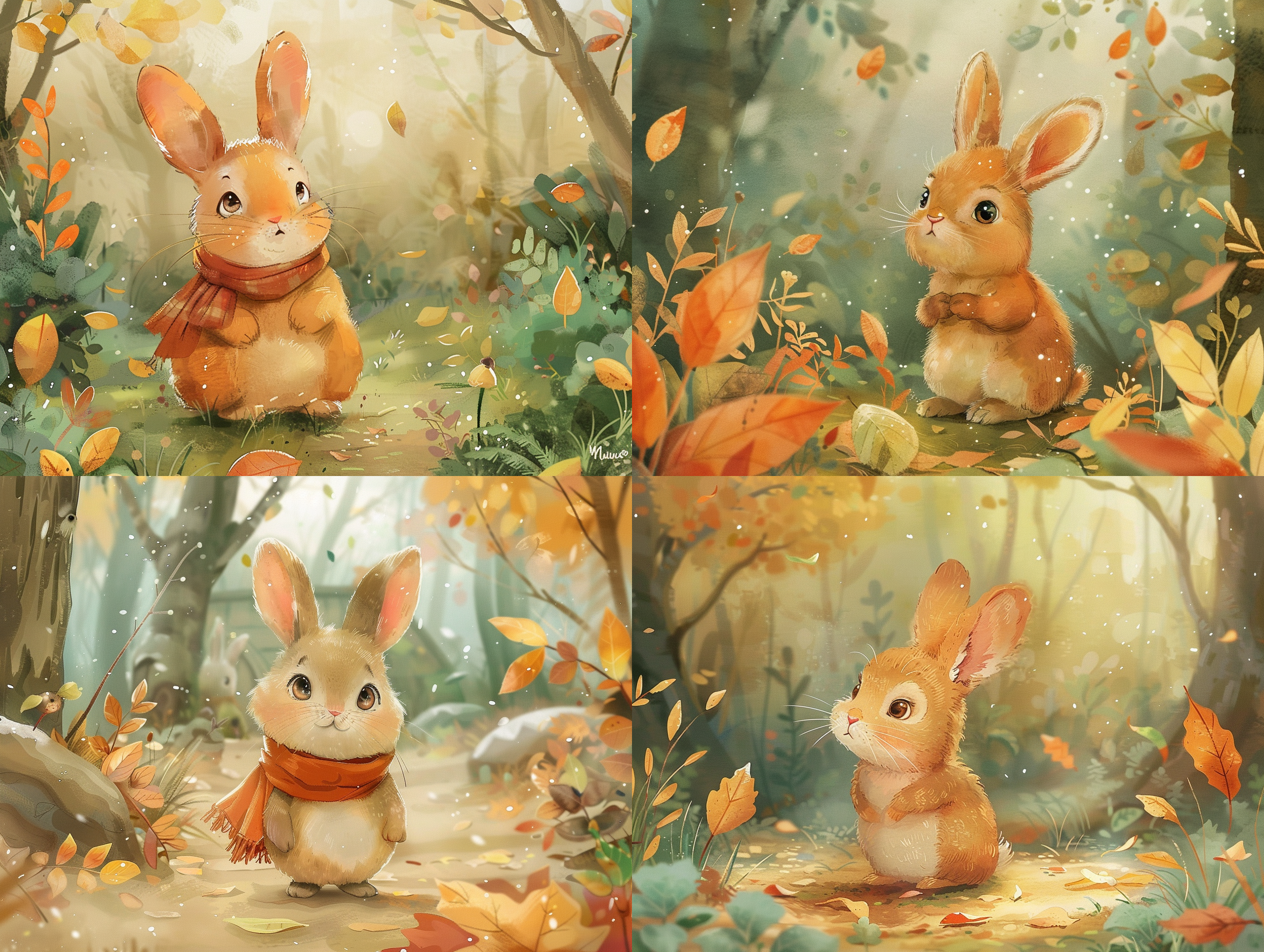 咪咪小兔子皱眉思考学校，皮克斯风格，森林背景，暖色调，卡通效果，角色表情对比，同伴兴奋期待，犹豫与兴奋并存。