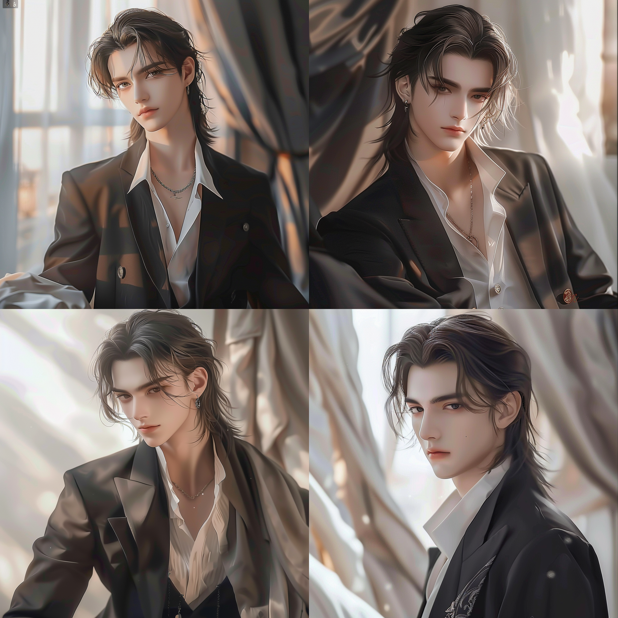 20岁中国男子，年轻英俊，黑色短发，都市精英，面容精致，身材高壮，黑色西装，白衬衫，室内背景，长焦镜头，正脸，高清16k，明亮色调，细节丰富，高对比度，侧光，静谧氛围，柔和光线，贵族姿态，优雅氛围，静谧表情，细腻皮肤质感。 贵族风