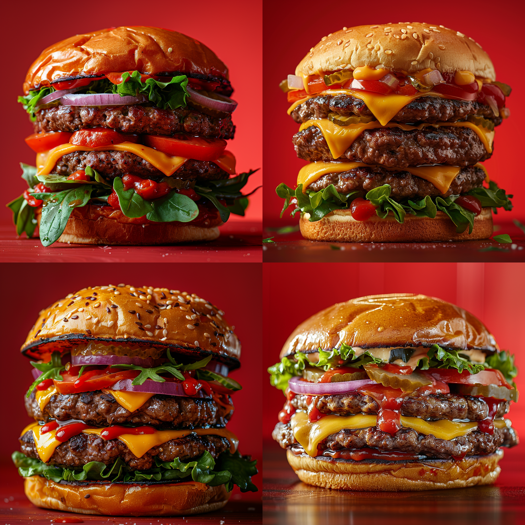 5层汉堡特写，广告风格，细节清晰，色彩鲜艳，单色大红色背景，画面明亮，微距镜头，自然光，高饱和度，诱人食欲，满足感。